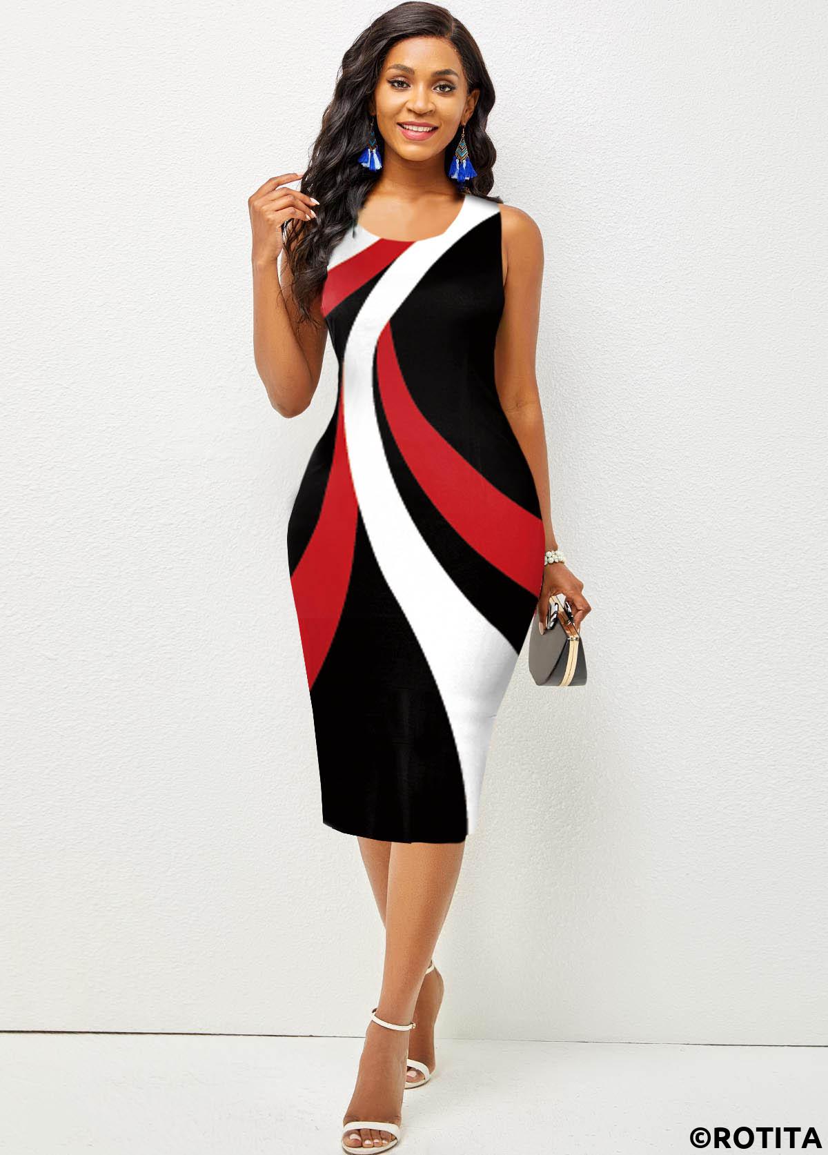 Geometric dresses,Wear to Work dresses,Work dresses,ROTITA Round Neck Contrast Printed Sleeveless Dress