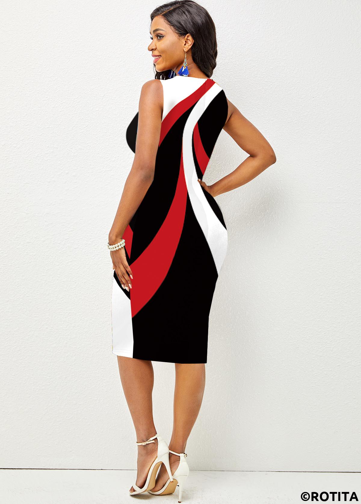 Geometric dresses,Wear to Work dresses,Work dresses,ROTITA Round Neck Contrast Printed Sleeveless Dress