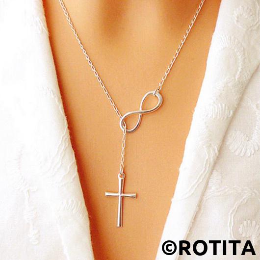 Silvery White jewelry,Metal Detail Silver Cross Pendant Necklace