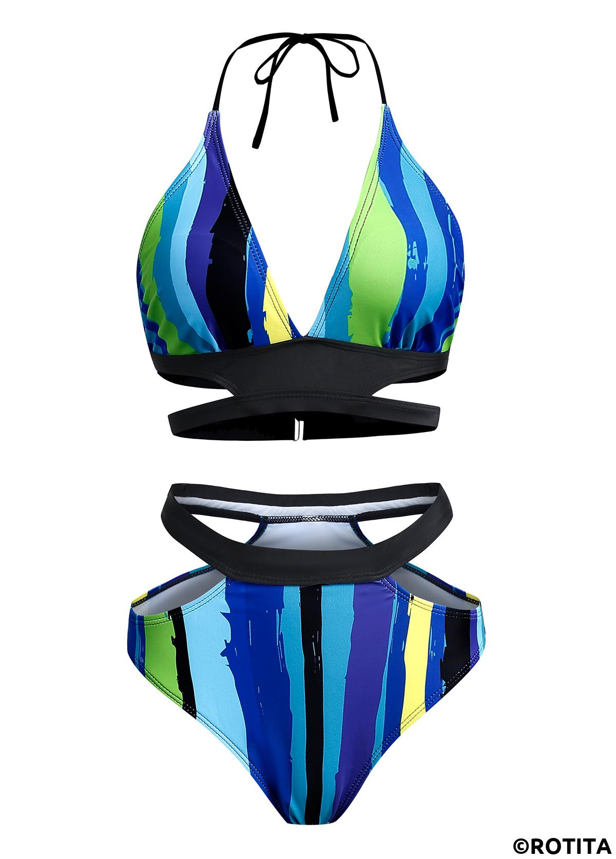 Cyan swimwear,Rainbow Color swimwear,Striped swimwear,ROTITA Mid Waist Striped Halter Bikini Set