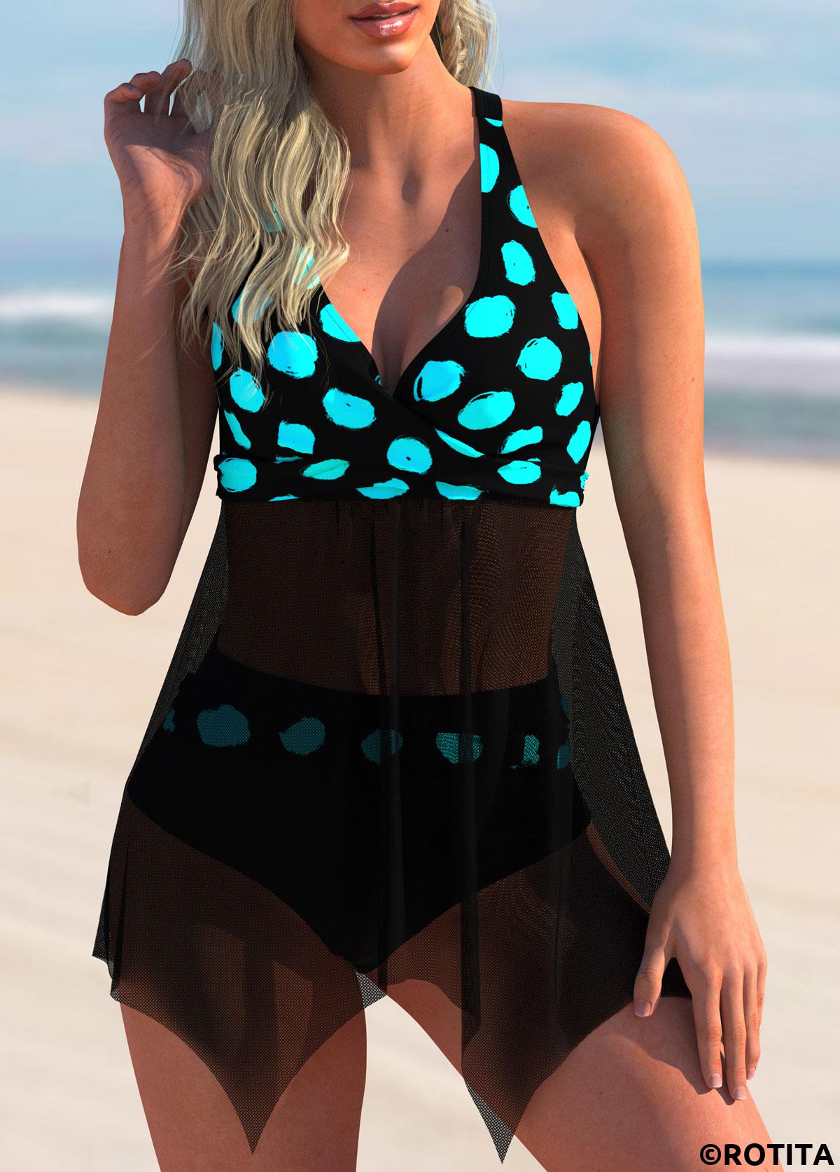 Cyan swimwear,Dot swimwear,ROTITA Mesh Stitching Polka Dot Swimdress and Panty