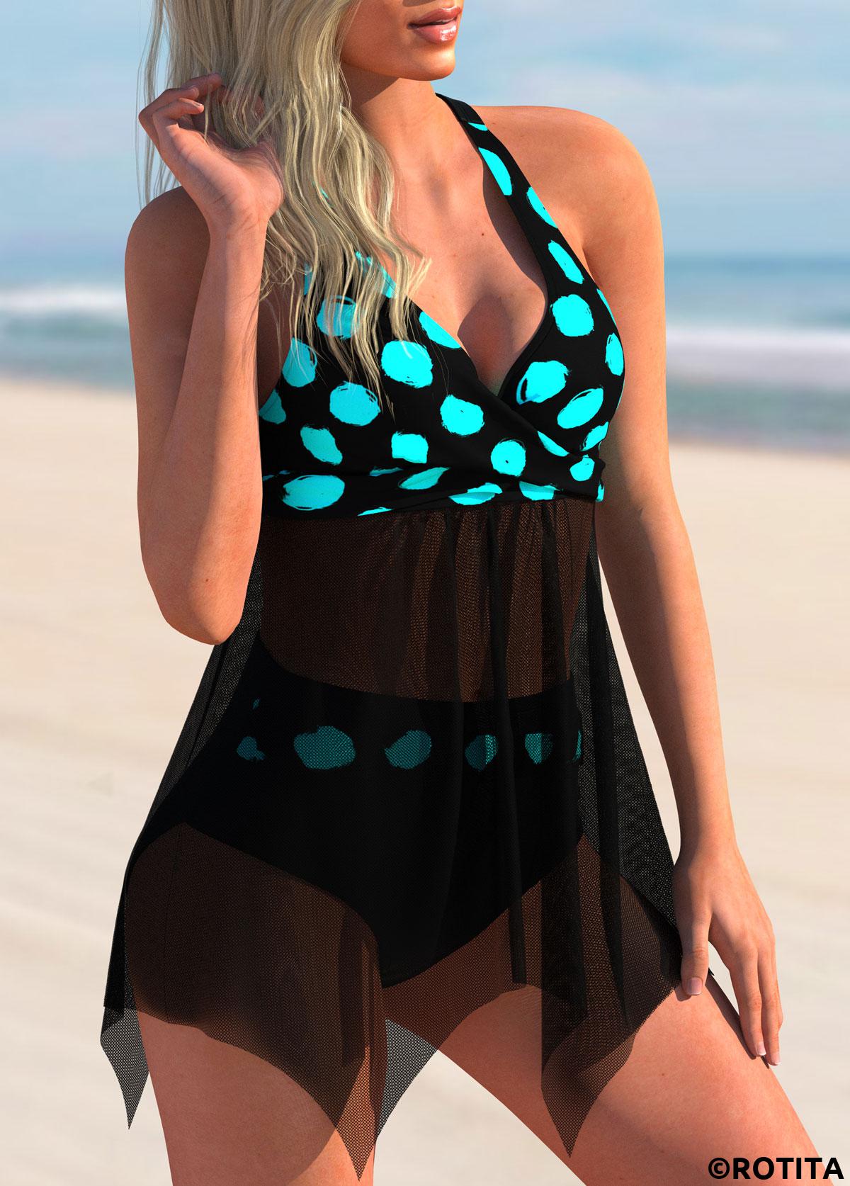 Cyan swimwear,Dot swimwear,ROTITA Mesh Stitching Polka Dot Swimdress and Panty
