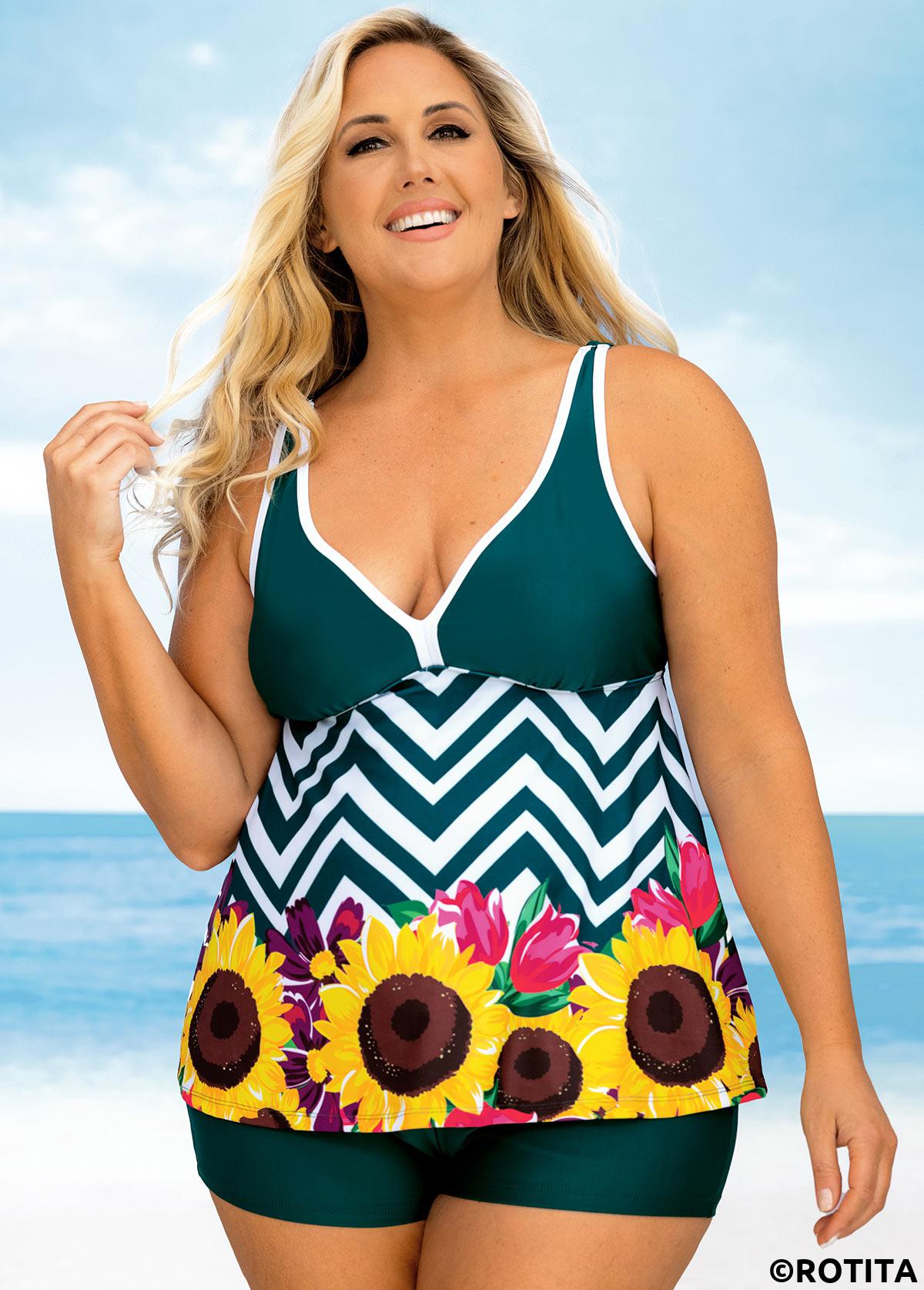 Green plus size,Floral plus size,ROTITA Floral and Chevron Print Plus Size Wide Strap Tankini Set 