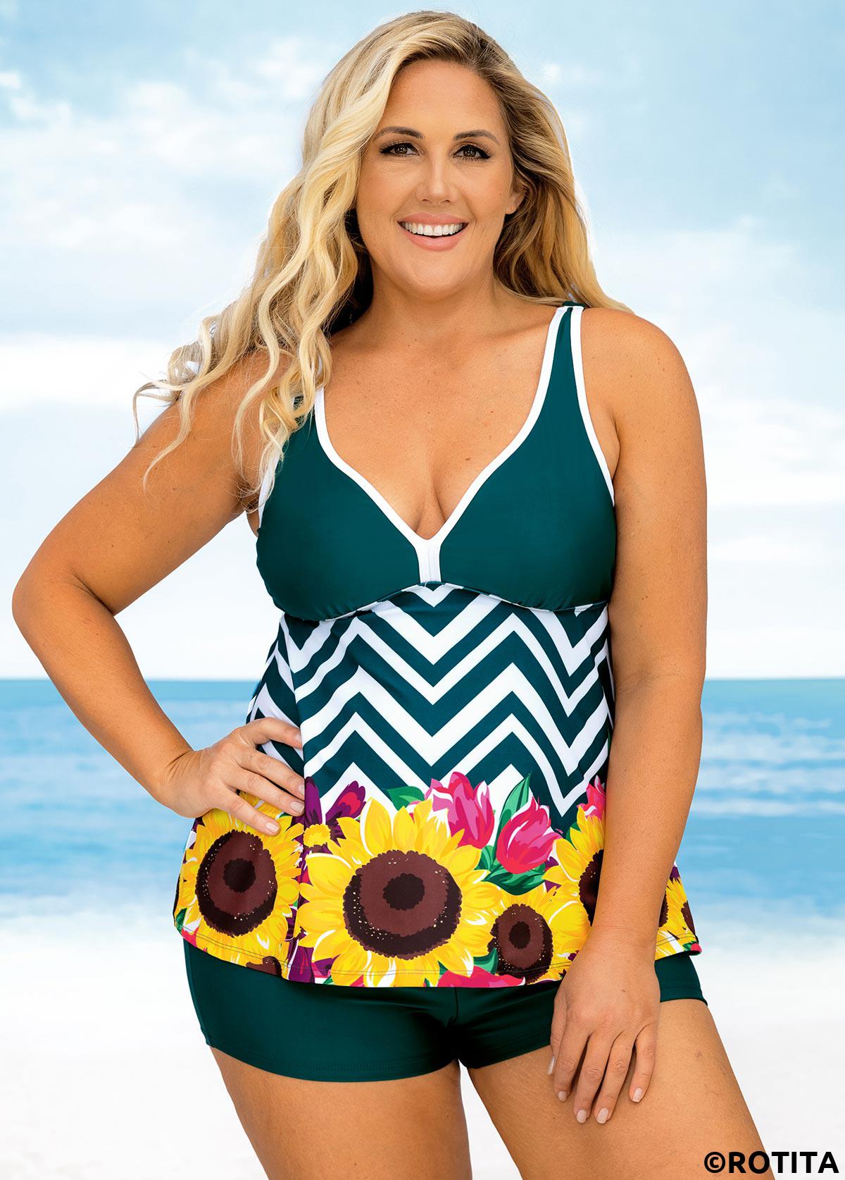 Green plus size,Floral plus size,ROTITA Floral and Chevron Print Plus Size Wide Strap Tankini Set 