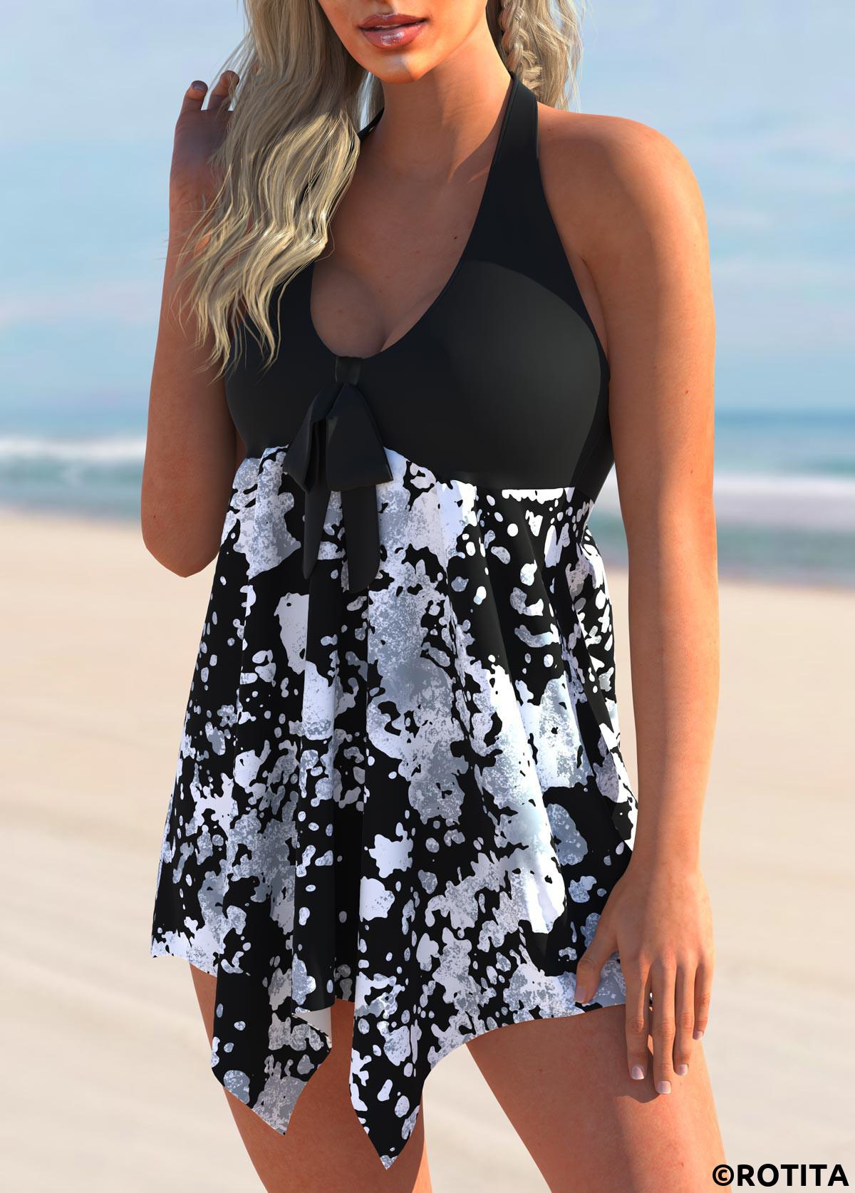 Black swimwear,Floral swimwear,ROTITA Asymmetric Hem Printed Halter Swimdress and Panty