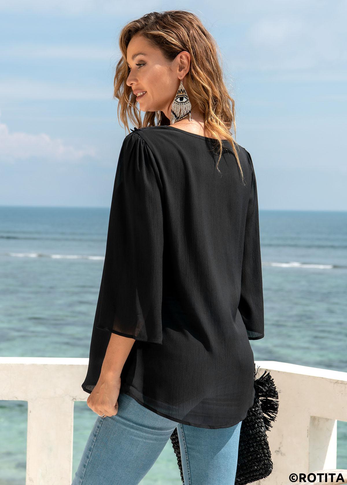 Black tops,Plain Color tops,ROTITA 3/4 Sleeve Lace Stitching Split Neck Blouse