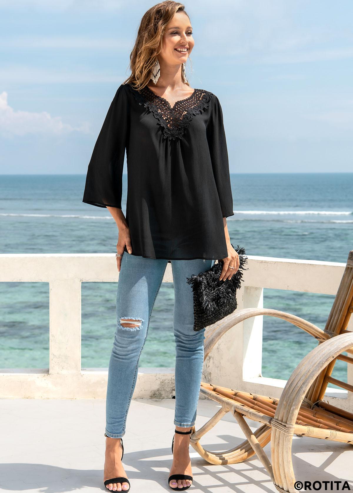 Black tops,Plain Color tops,ROTITA 3/4 Sleeve Lace Stitching Split Neck Blouse