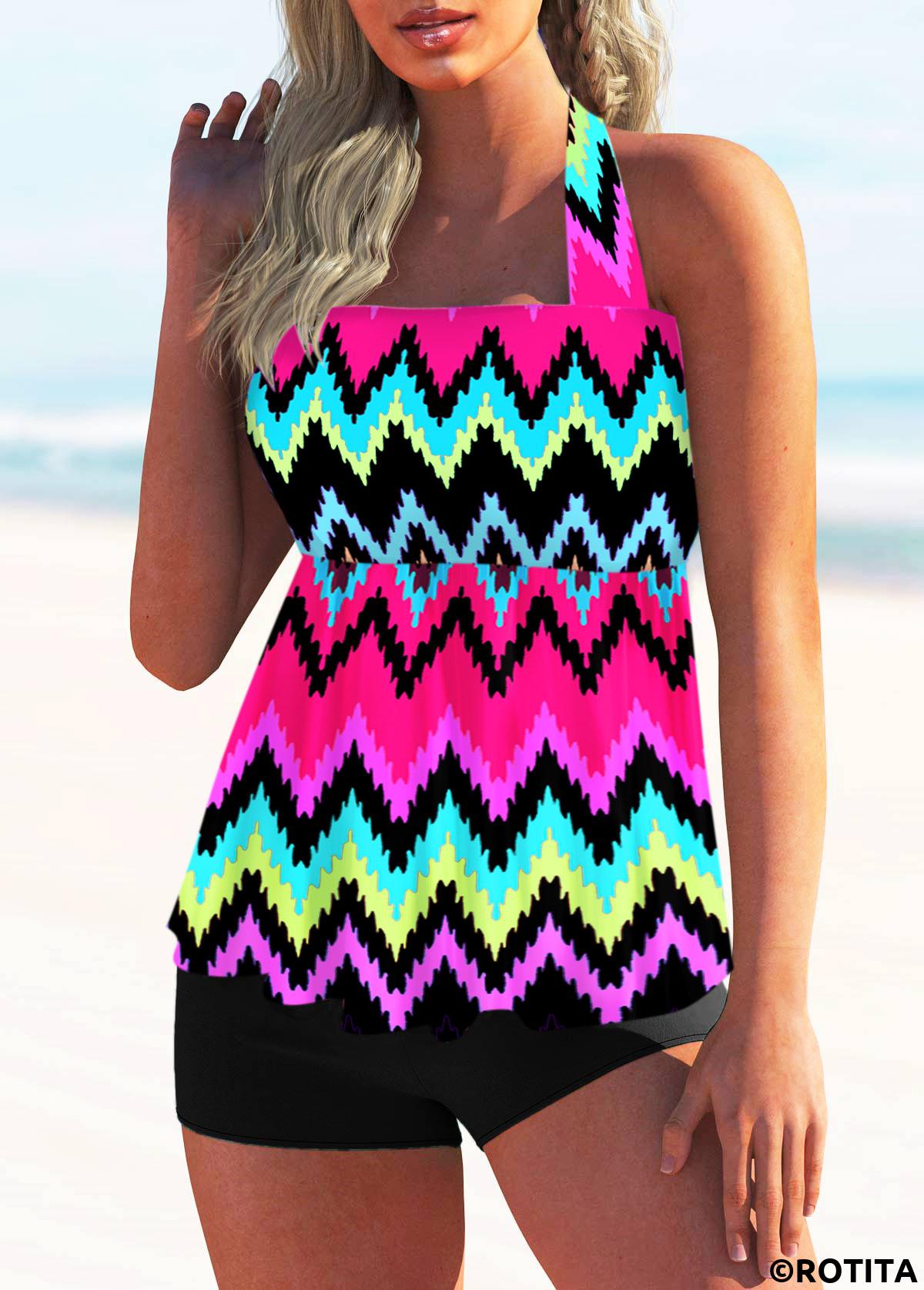 Multi Color swimwear,Rainbow Color swimwear,Striped swimwear,ROTITA Tie Back Rainbow Stripe Halter Tankini Set