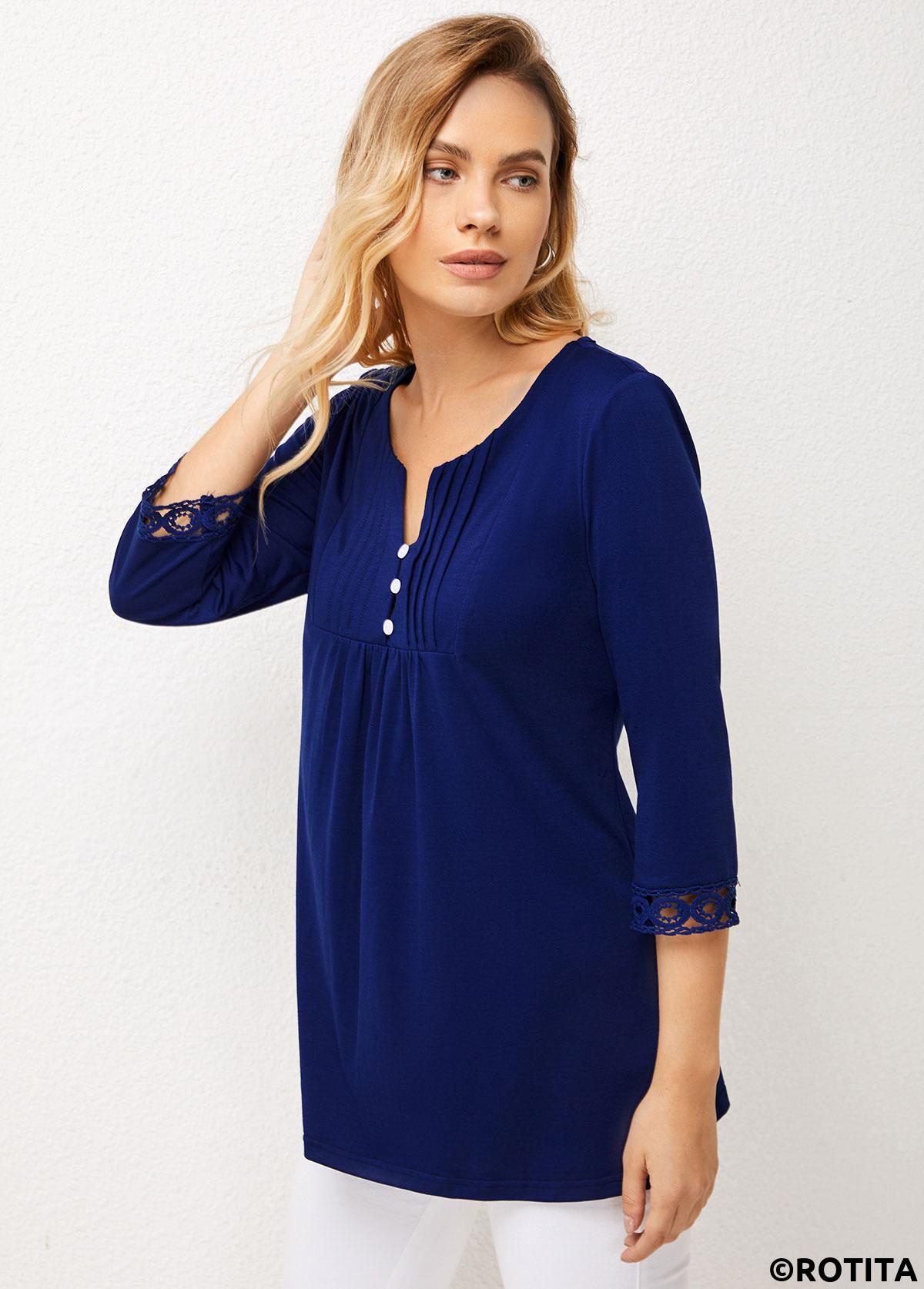 Navy tops,Plain Color tops,ROTITA Lace Patchwork Navy Crinkle Chest Split Neck Blouse