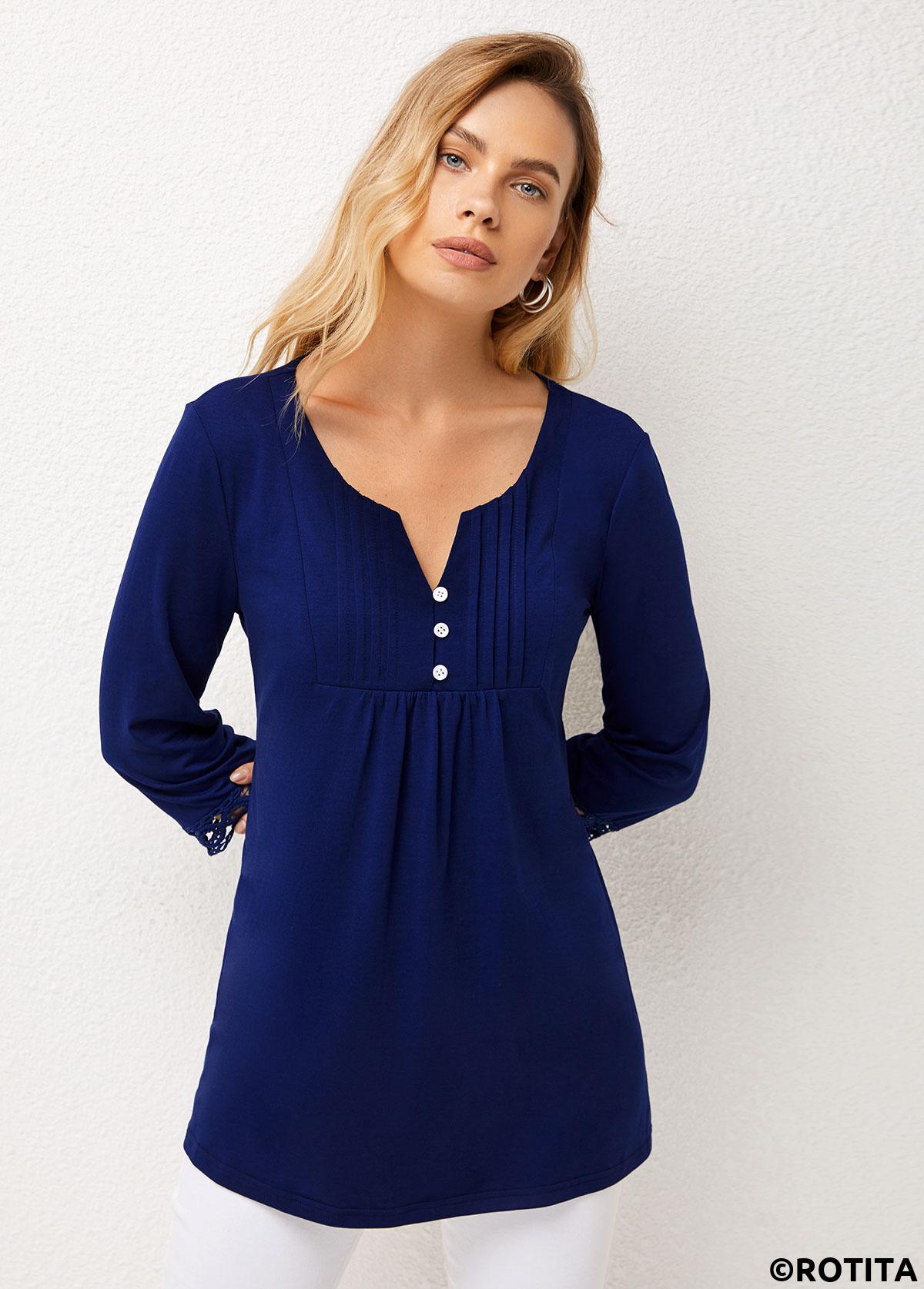 Navy tops,Plain Color tops,ROTITA Lace Patchwork Navy Crinkle Chest Split Neck Blouse