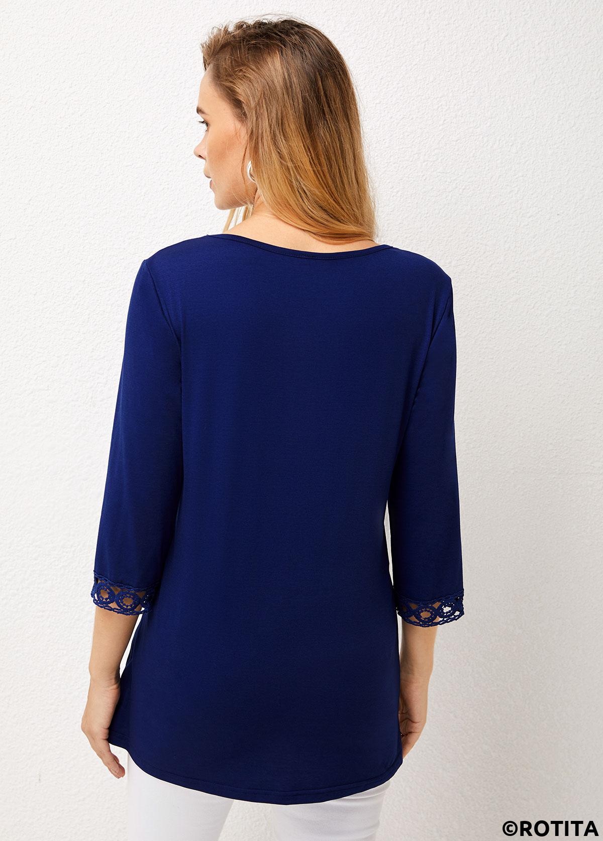 Navy tops,Plain Color tops,ROTITA Lace Patchwork Navy Crinkle Chest Split Neck Blouse