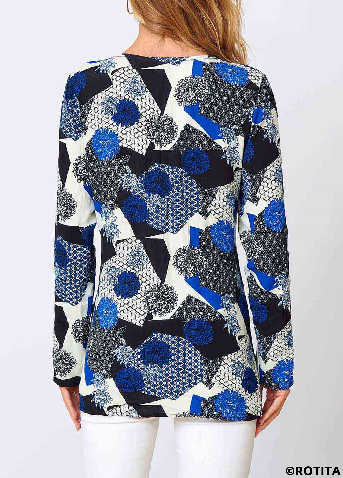Blue tops,Floral tops,ROTITA Lace Floral Print Blue V Neck Long Sleeve Shirt