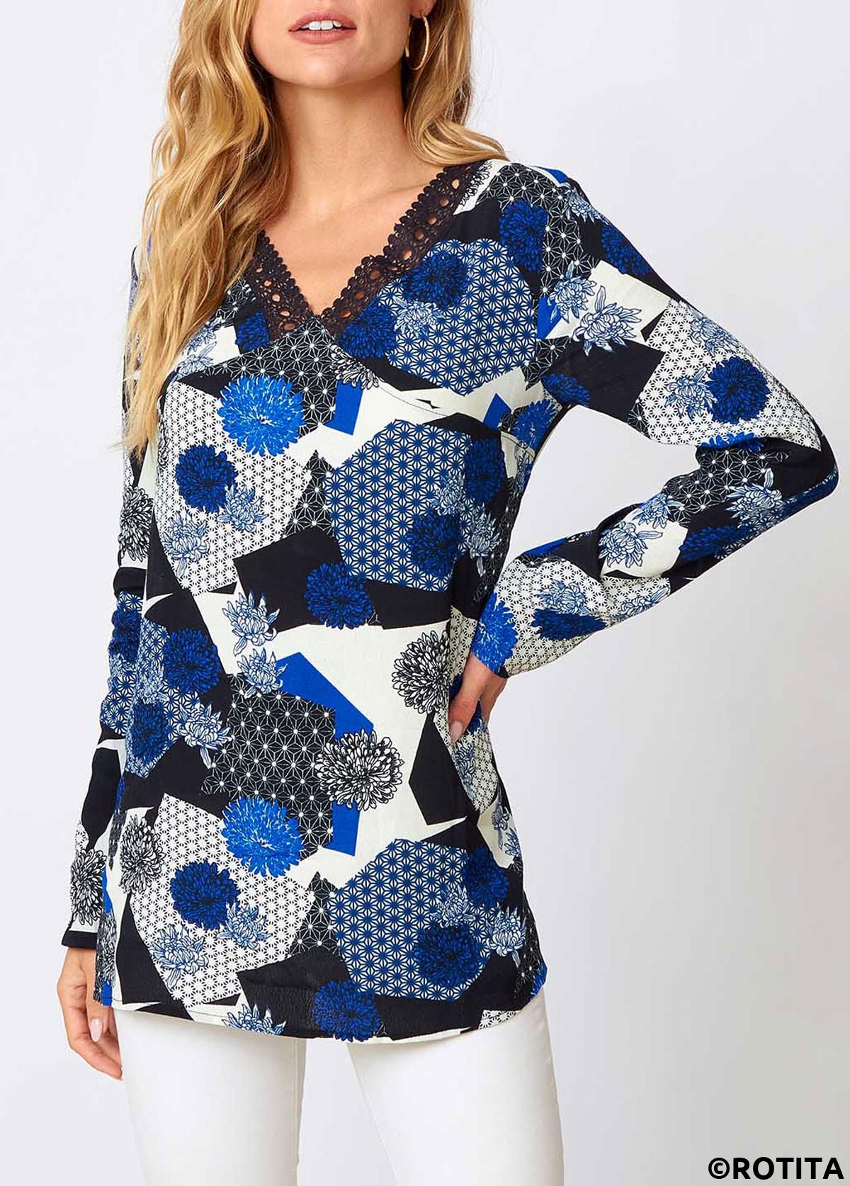 Blue tops,Floral tops,ROTITA Lace Floral Print Blue V Neck Long Sleeve Shirt