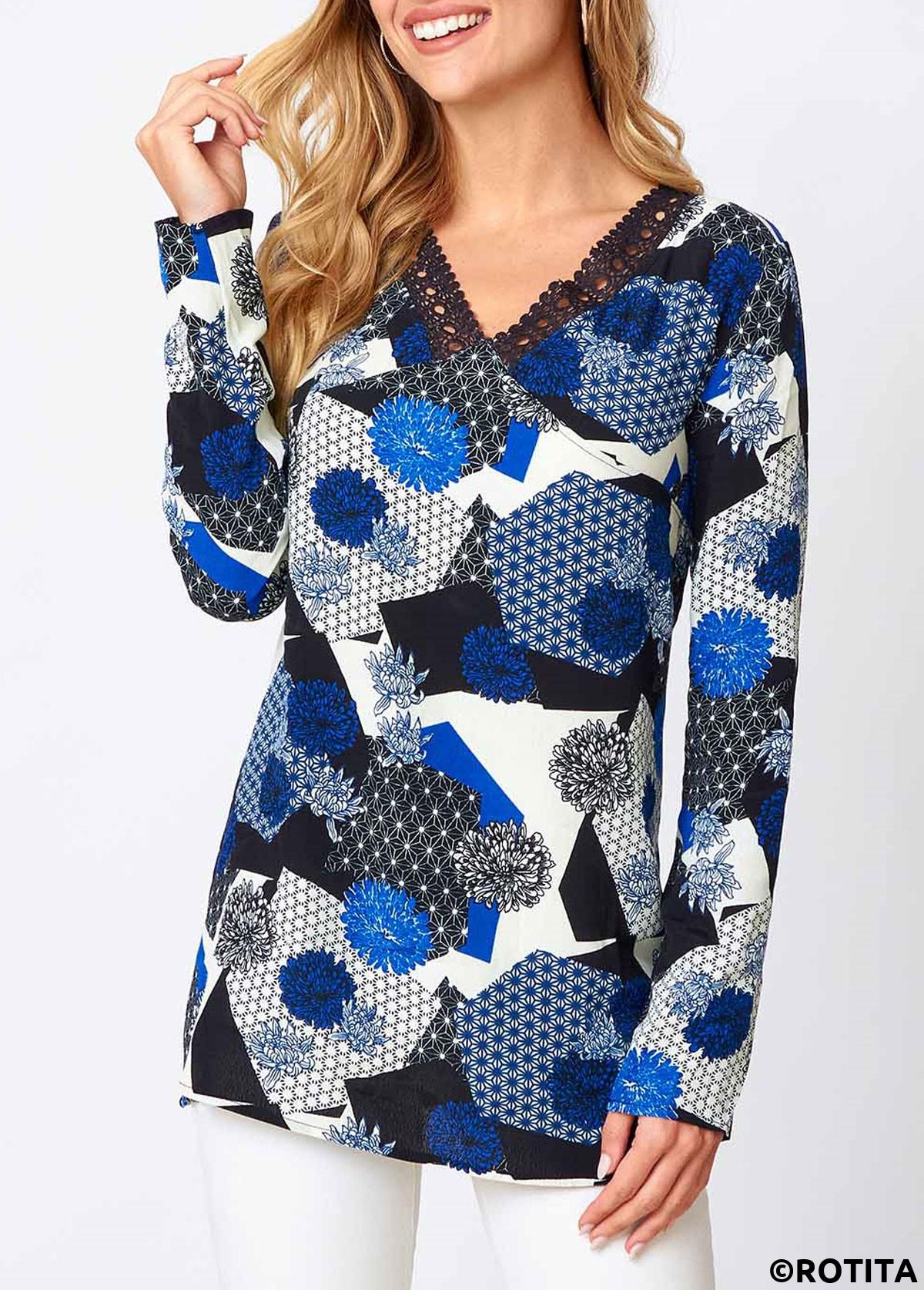 Blue tops,Floral tops,ROTITA Lace Floral Print Blue V Neck Long Sleeve Shirt