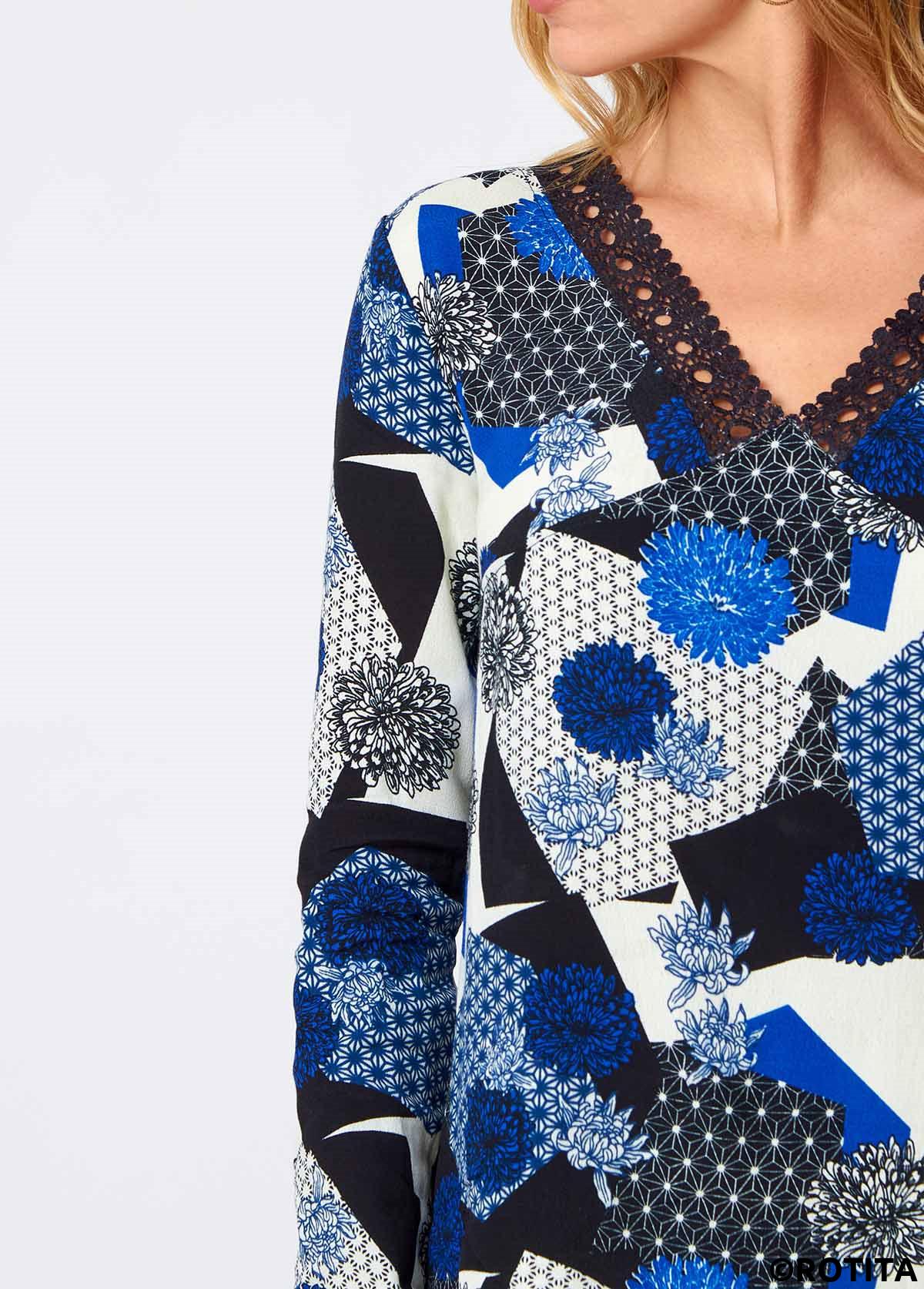 Blue tops,Floral tops,ROTITA Lace Floral Print Blue V Neck Long Sleeve Shirt