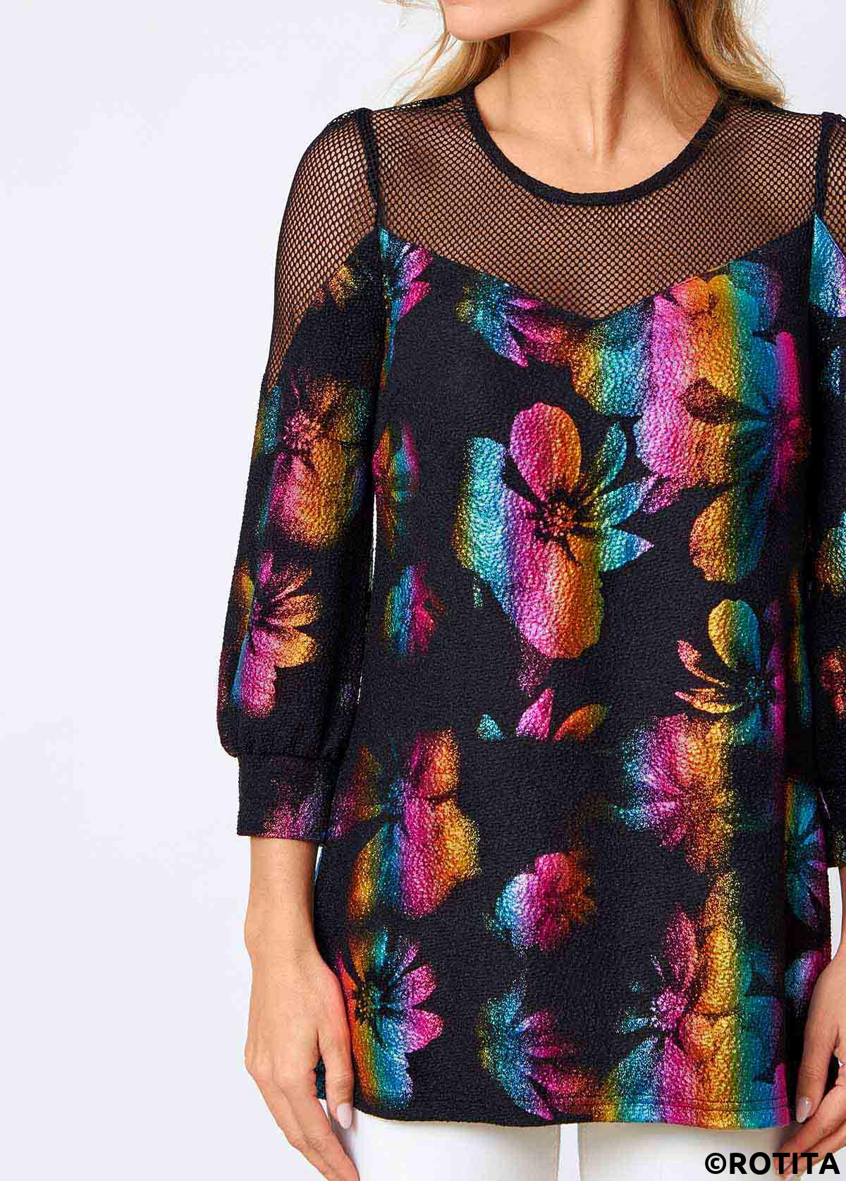Multi Color tops,Rainbow Color tops,Floral tops,ROTITA Colorful Fishnet Panel Round Neck Sweatshirt