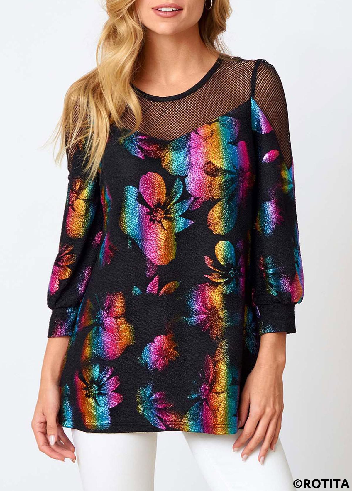Multi Color tops,Rainbow Color tops,Floral tops,ROTITA Colorful Fishnet Panel Round Neck Sweatshirt
