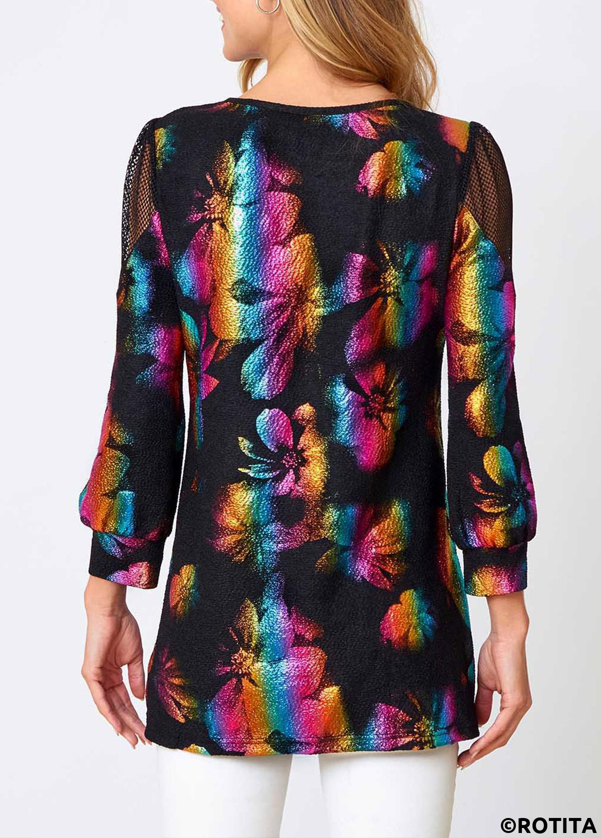 Multi Color tops,Rainbow Color tops,Floral tops,ROTITA Colorful Fishnet Panel Round Neck Sweatshirt