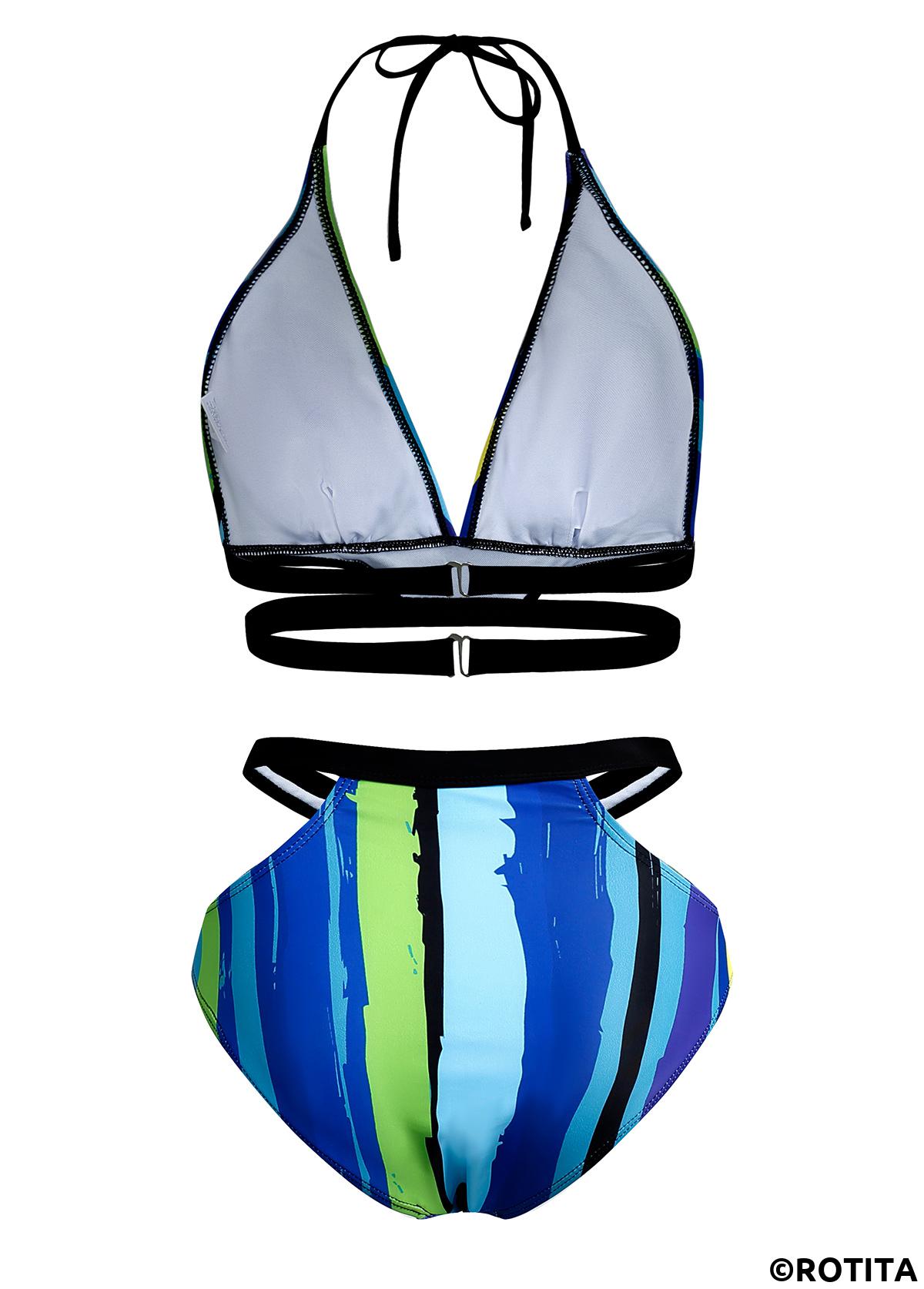 Cyan swimwear,Rainbow Color swimwear,Striped swimwear,ROTITA Mid Waist Striped Halter Bikini Set