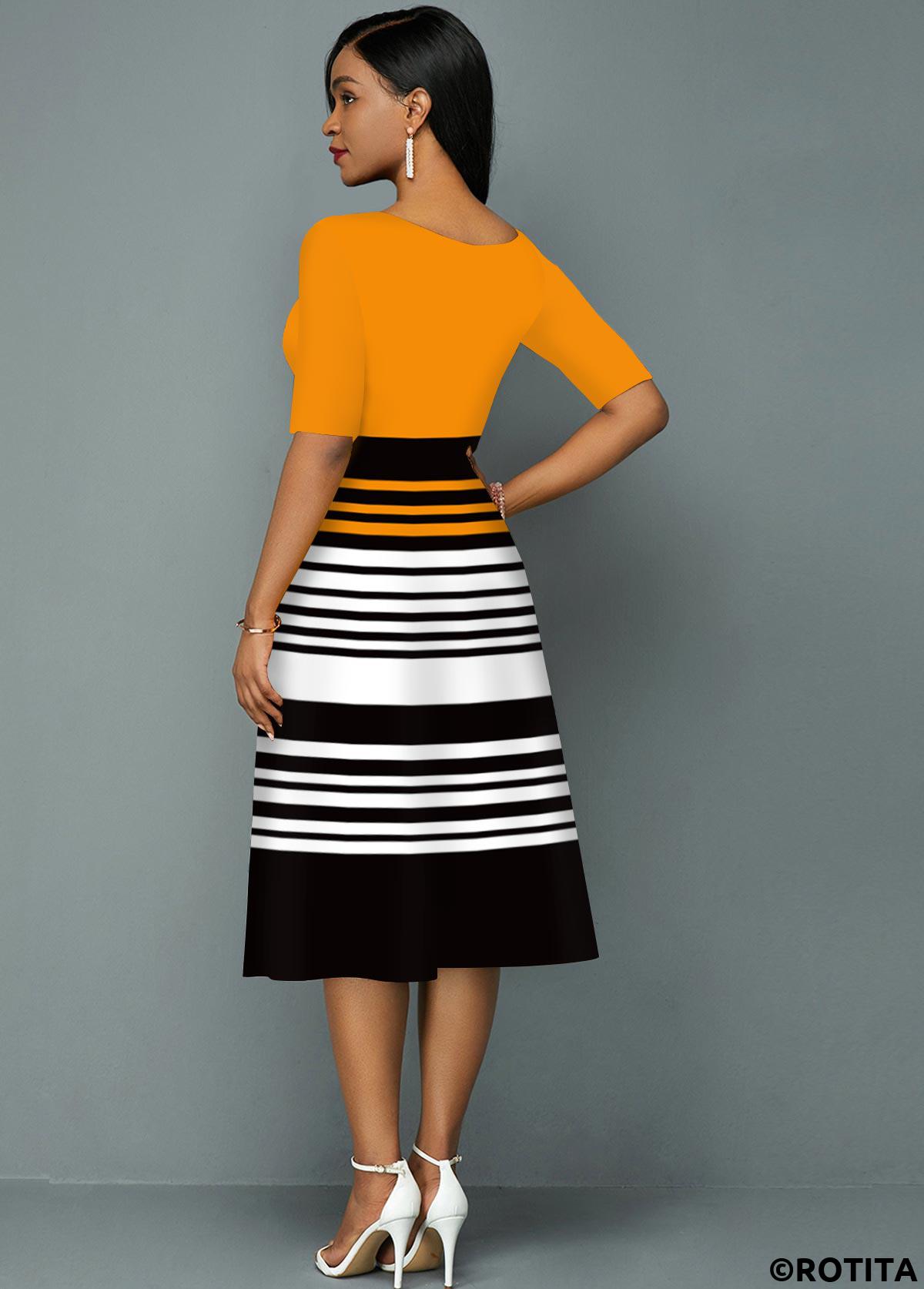 Multi Color dresses,Striped dresses,Party dresses,Elegant dresses,ROTITA Striped Contrast Round Neck A Line Dress