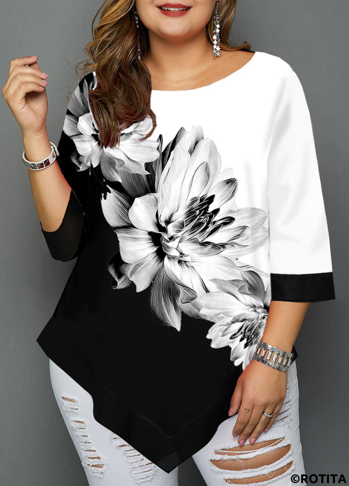 Multi Color plus size,Floral plus size,ROTITA Plus Size Floral Print Asymmetric Hem T Shirt