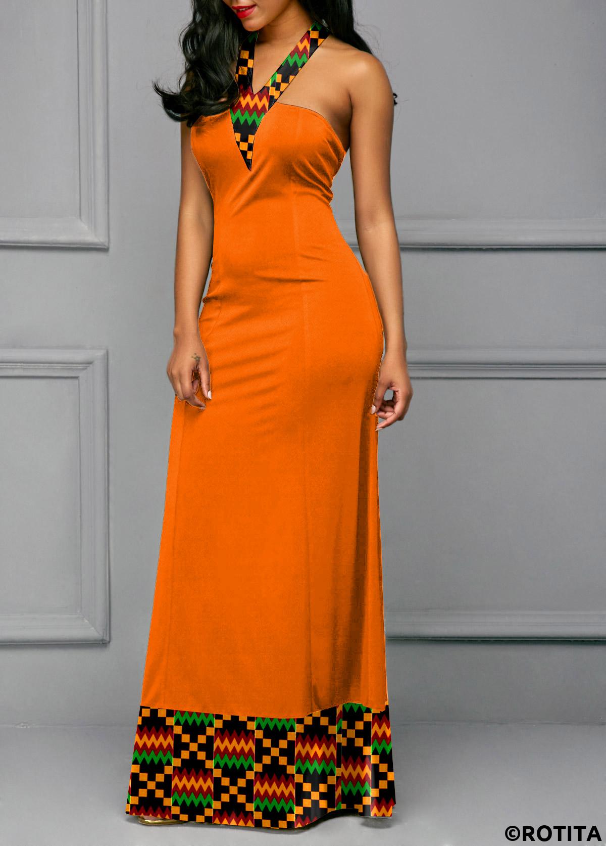 Orange dresses,Tribal dresses,Everyday dresses,Casual dresses,ROTITA Tie Back Tribal Print Maxi Dress