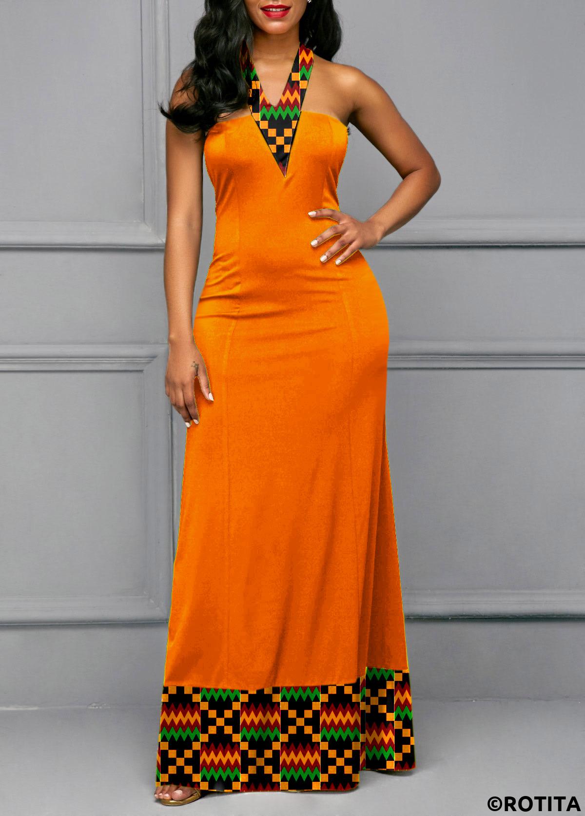 Orange dresses,Tribal dresses,Everyday dresses,Casual dresses,ROTITA Tie Back Tribal Print Maxi Dress