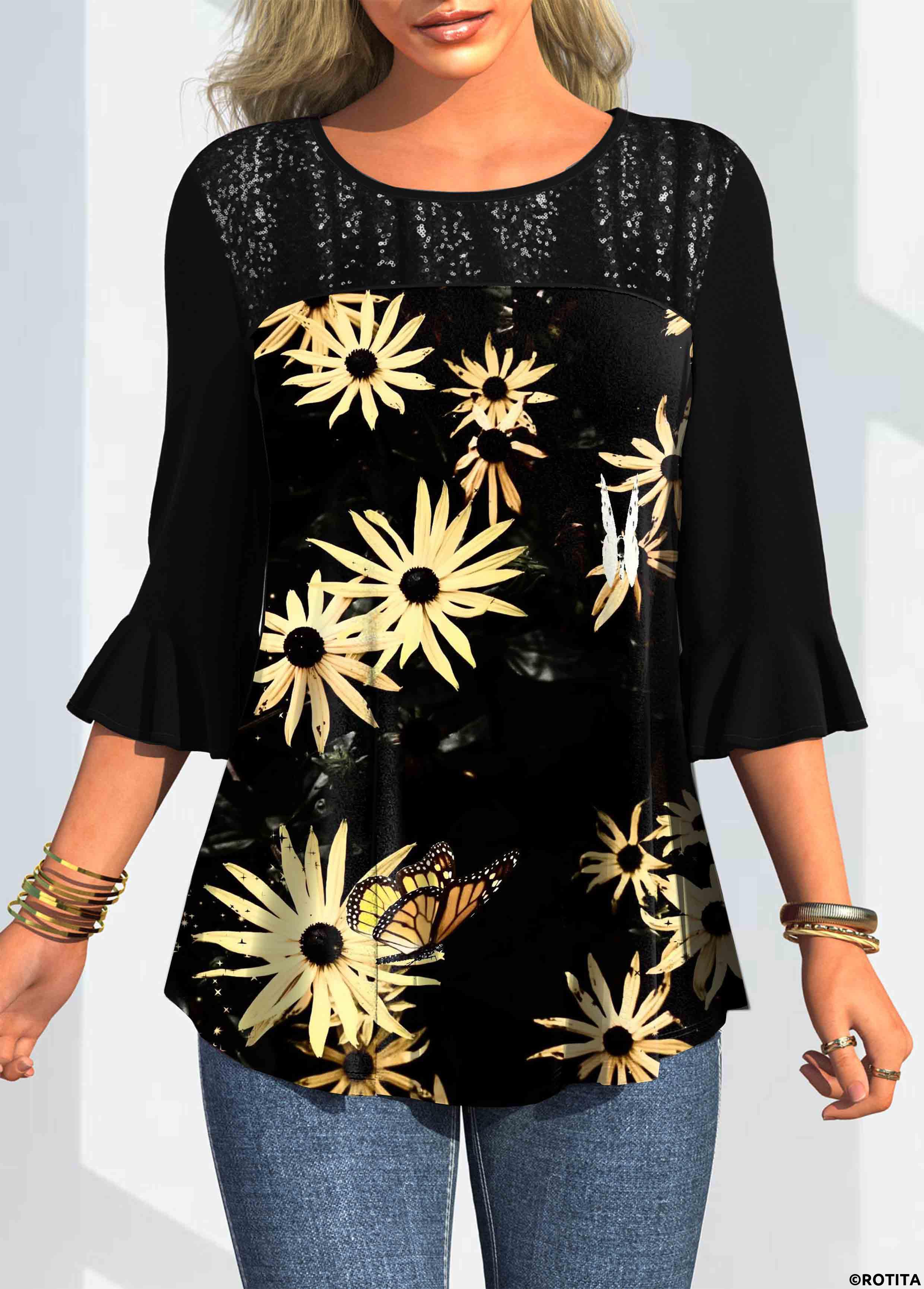 Black tops,Floral tops,ROTITA Round Neck Floral Print Three Quarters Sleeve T Shirt