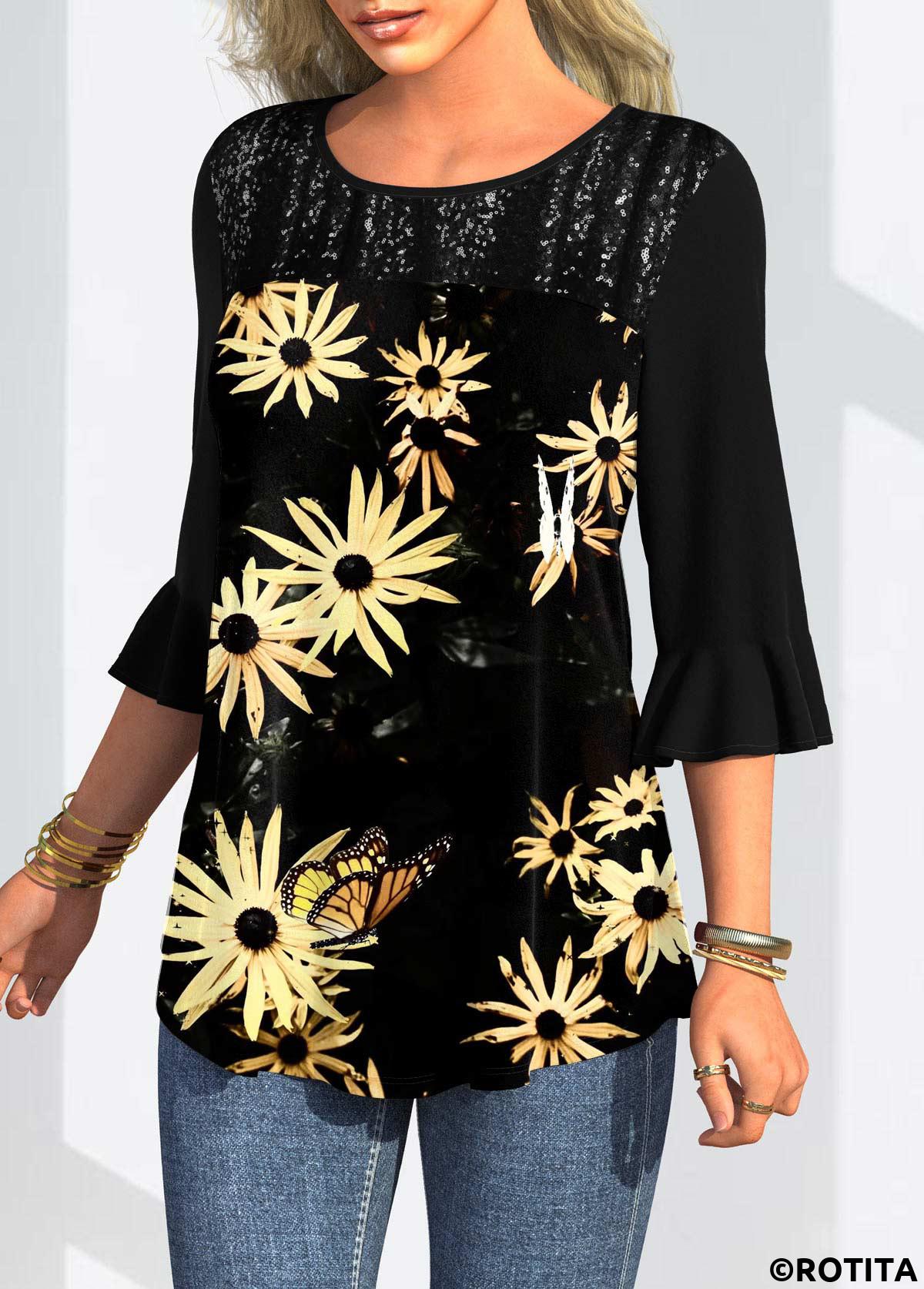 Black tops,Floral tops,ROTITA Round Neck Floral Print Three Quarters Sleeve T Shirt