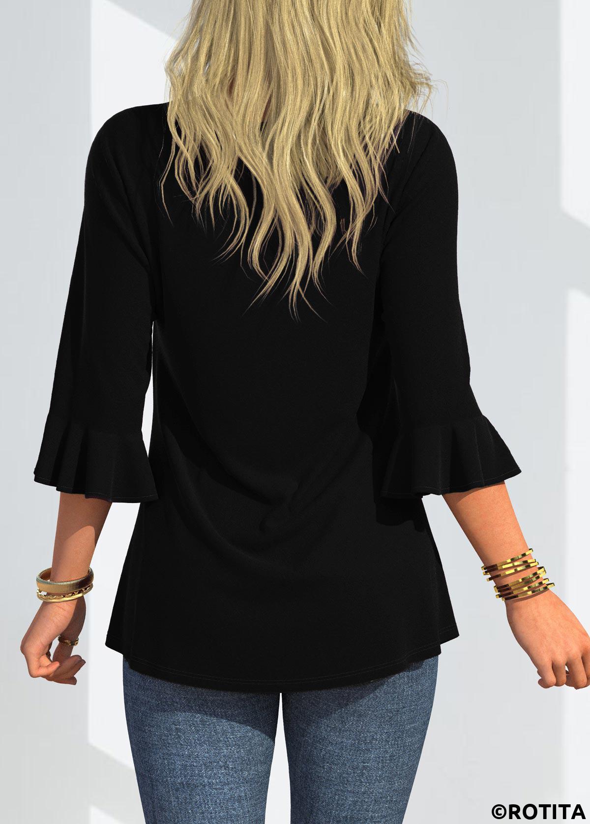 Black tops,Floral tops,ROTITA Round Neck Floral Print Three Quarters Sleeve T Shirt