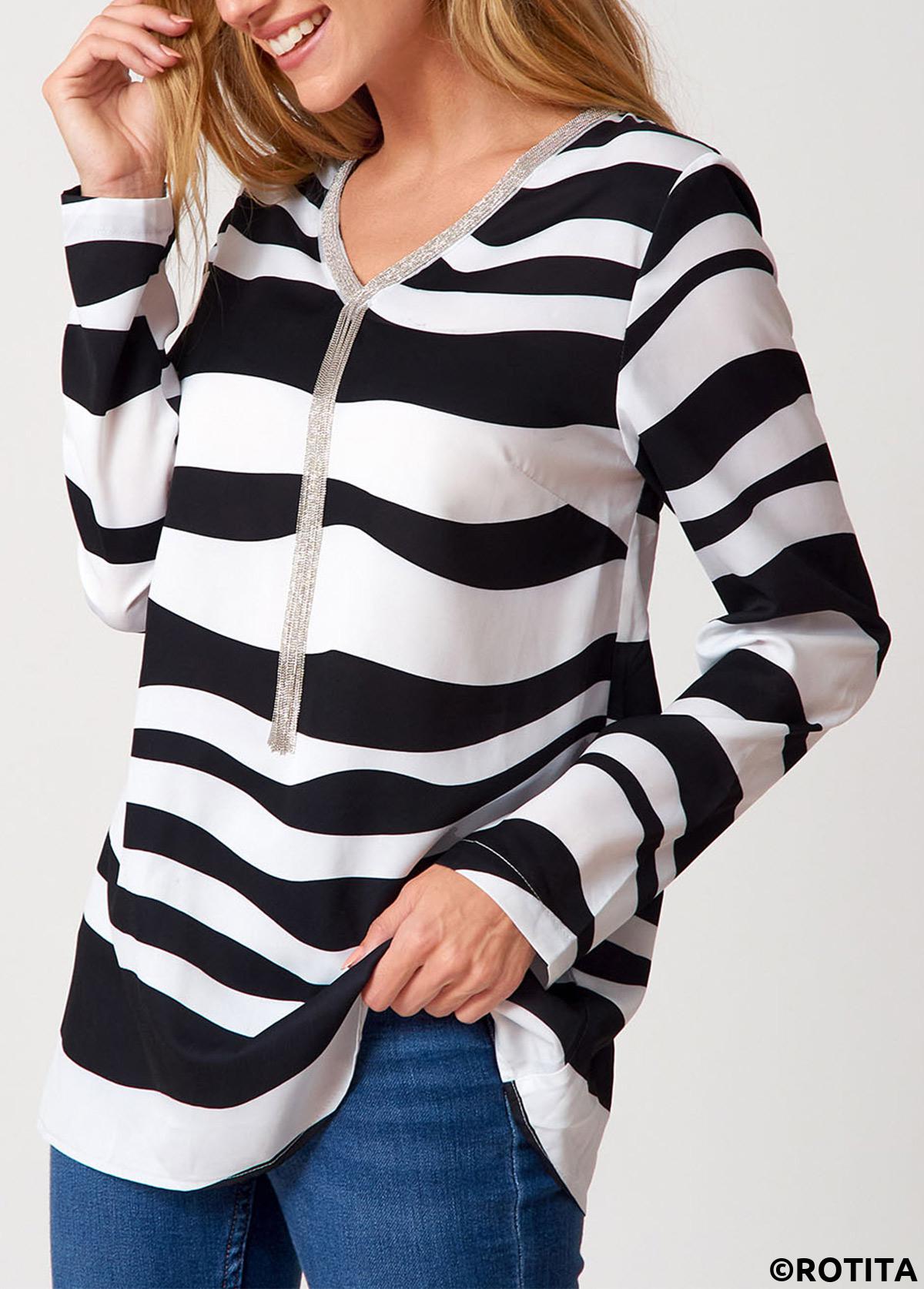 Multi Color tops,Striped tops,ROTITA Tassel Striped V Neck Long Sleeve Blouse