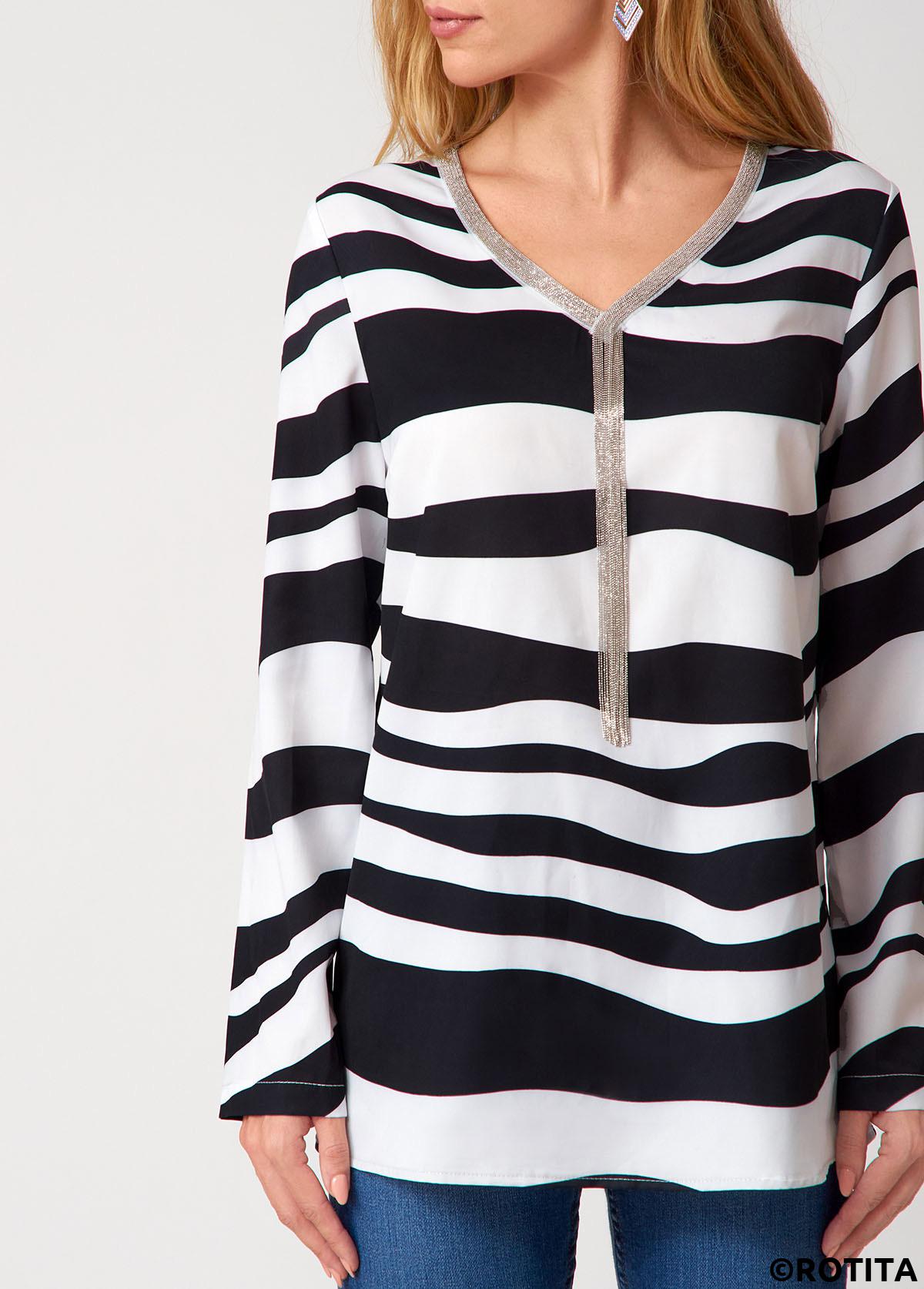 Multi Color tops,Striped tops,ROTITA Tassel Striped V Neck Long Sleeve Blouse
