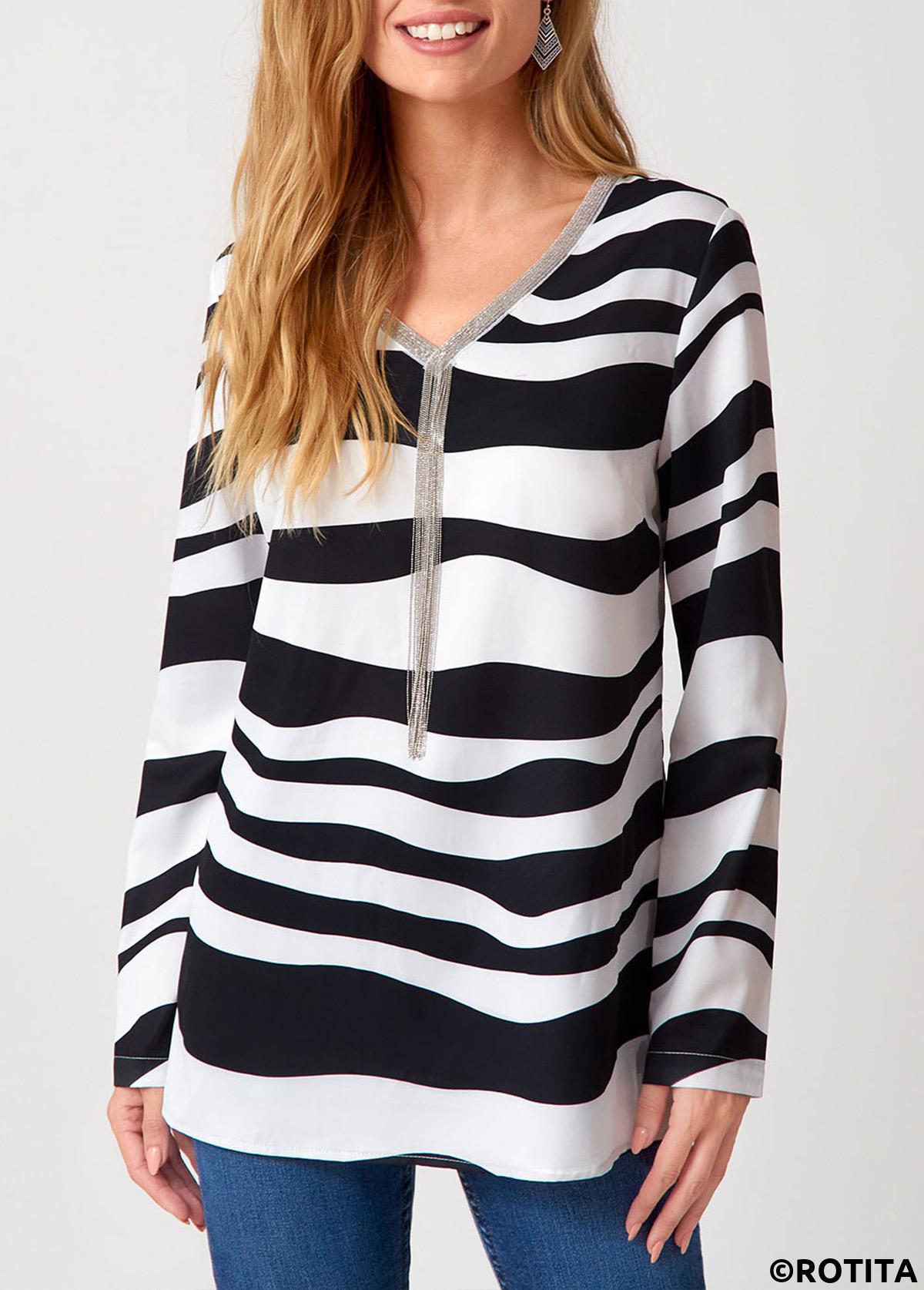 Multi Color tops,Striped tops,ROTITA Tassel Striped V Neck Long Sleeve Blouse