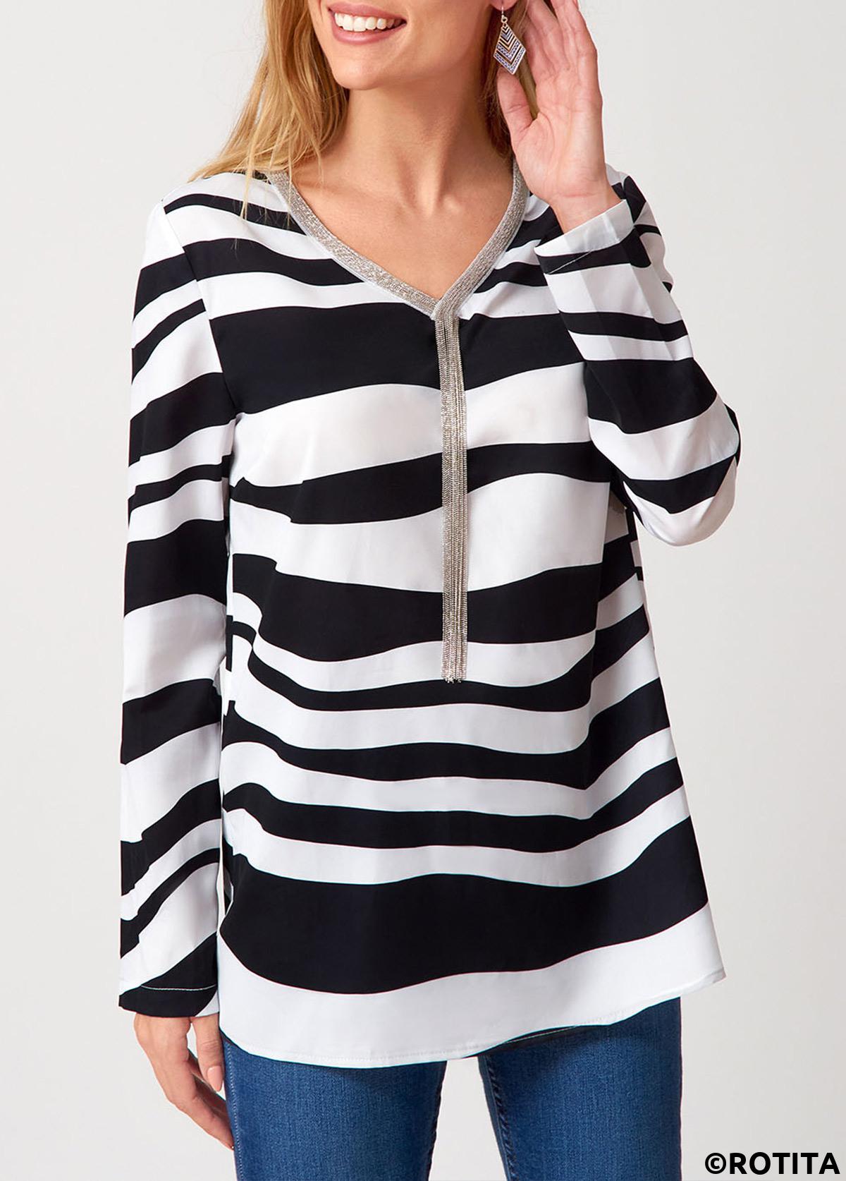 Multi Color tops,Striped tops,ROTITA Tassel Striped V Neck Long Sleeve Blouse