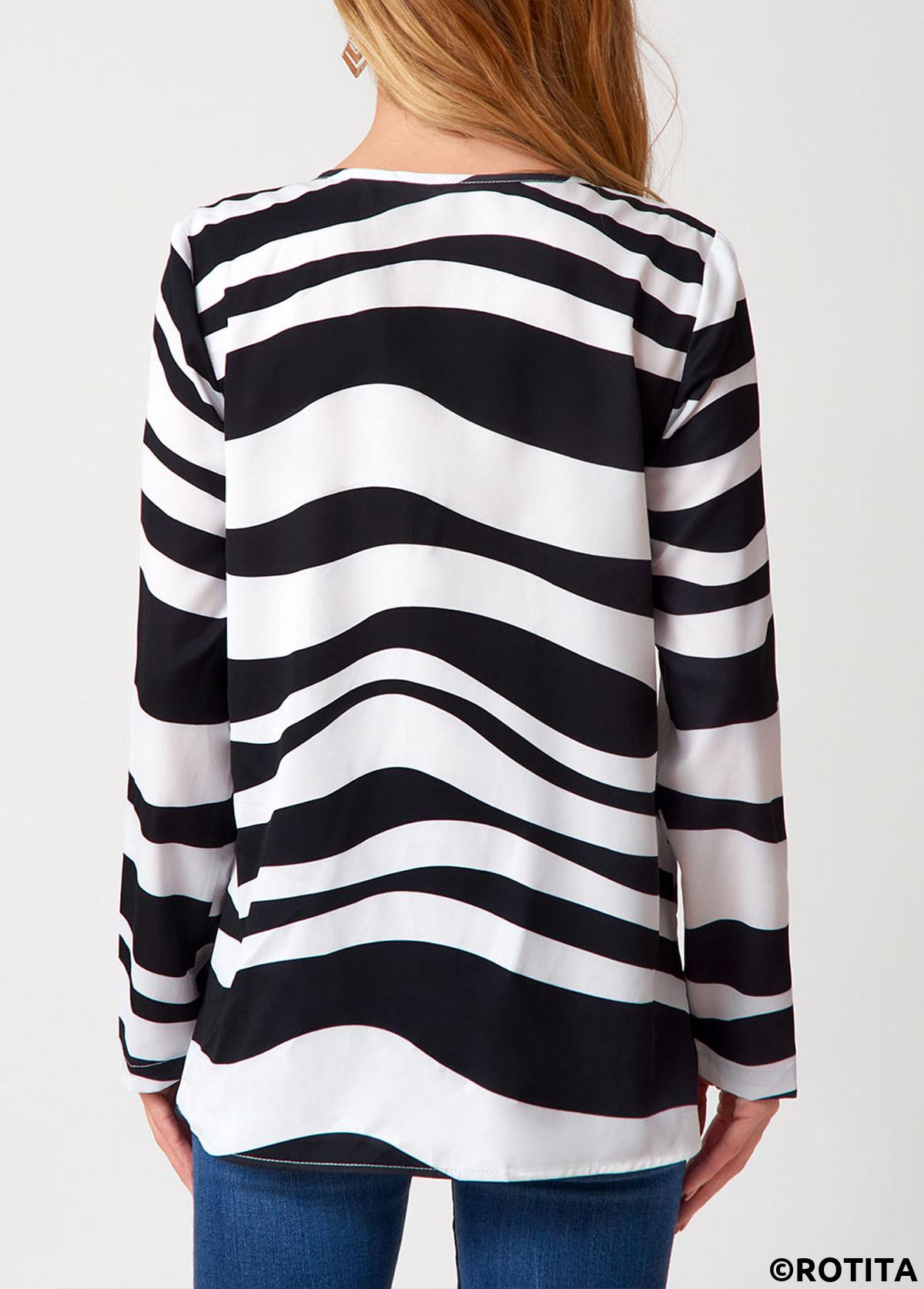 Multi Color tops,Striped tops,ROTITA Tassel Striped V Neck Long Sleeve Blouse