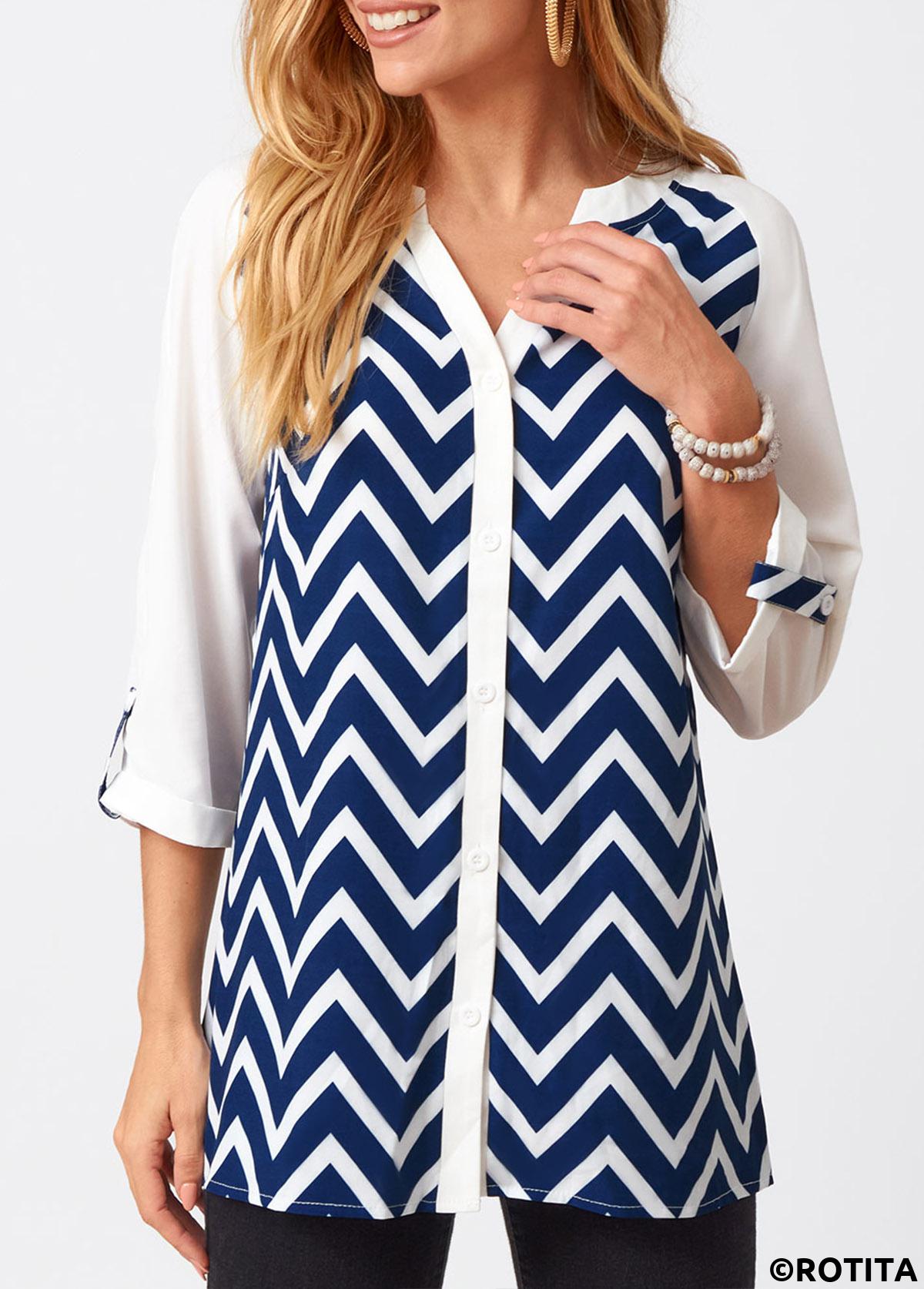 Multi Color tops,Chevron tops,ROTITA Chevron Print Split Neck Three Quarters Sleeve Blouse