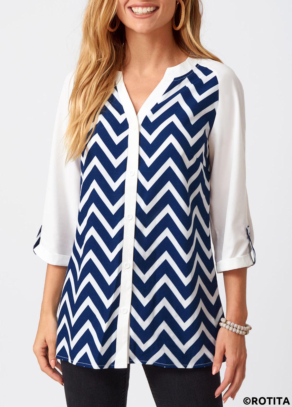 Multi Color tops,Chevron tops,ROTITA Chevron Print Split Neck Three Quarters Sleeve Blouse