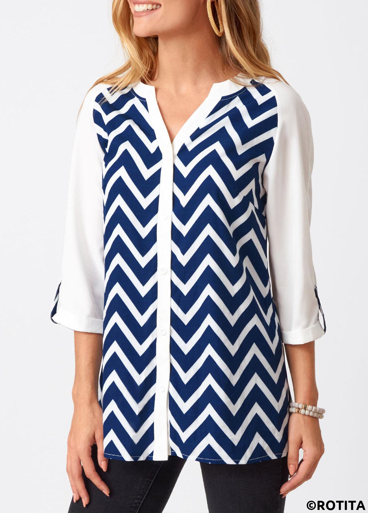 Multi Color tops,Chevron tops,ROTITA Chevron Print Split Neck Three Quarters Sleeve Blouse