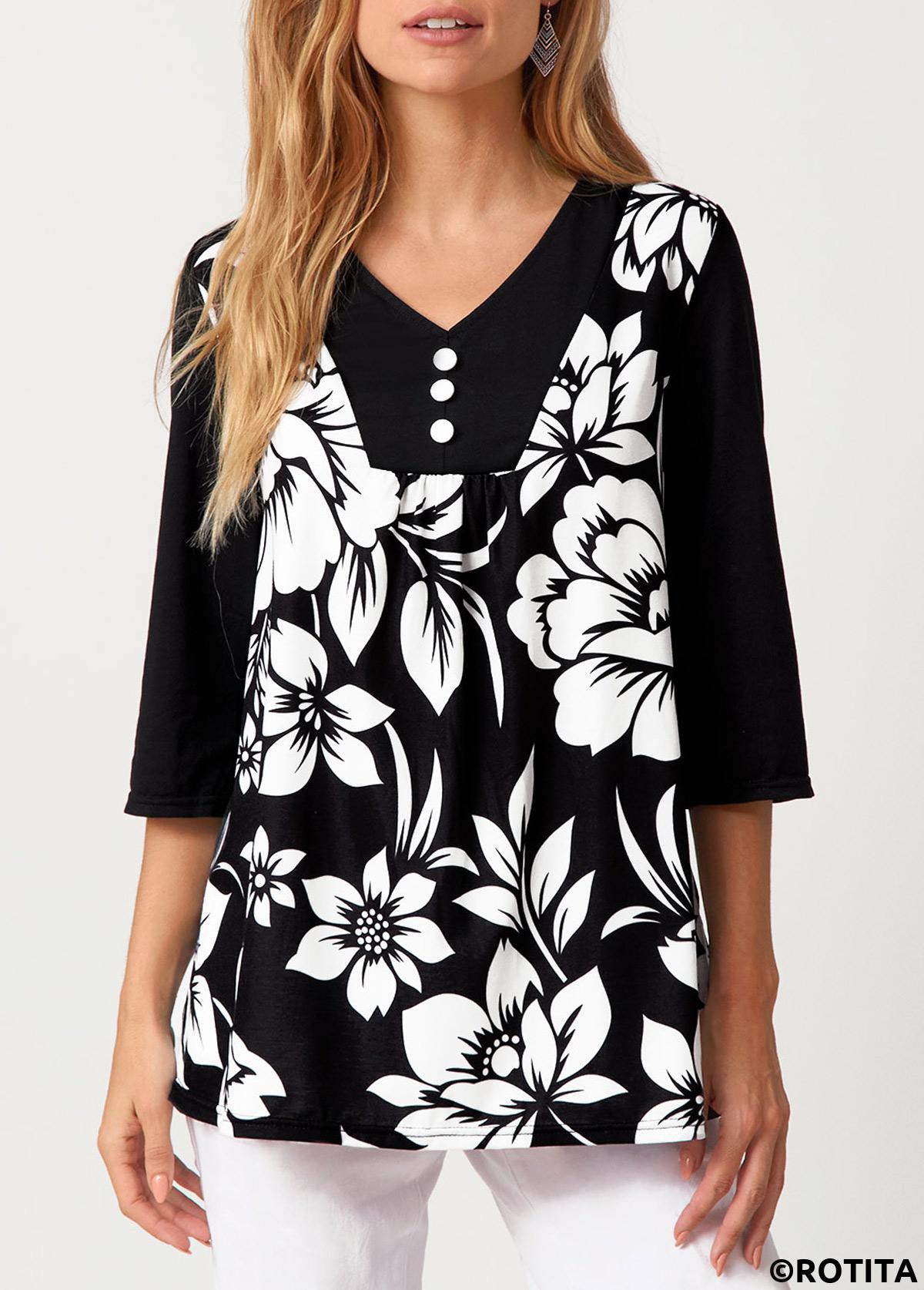 Multi Color tops,Floral tops,ROTITA Decorative Button Floral Print V Neck T Shirt