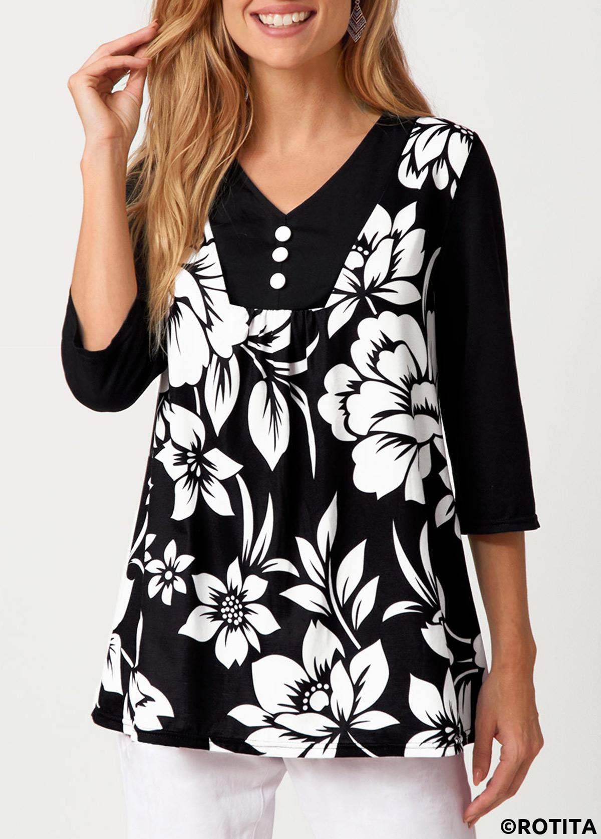 Multi Color tops,Floral tops,ROTITA Decorative Button Floral Print V Neck T Shirt