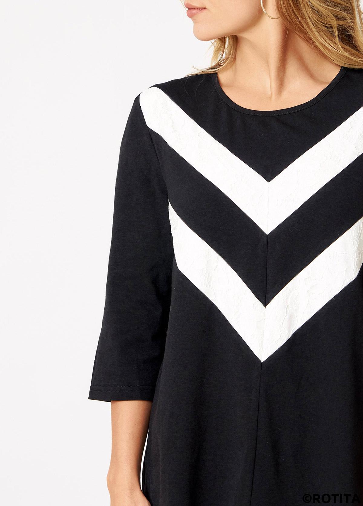 Black tops,Chevron tops,ROTITA Round Neck Chevron Print 3/4 Sleeve T Shirt