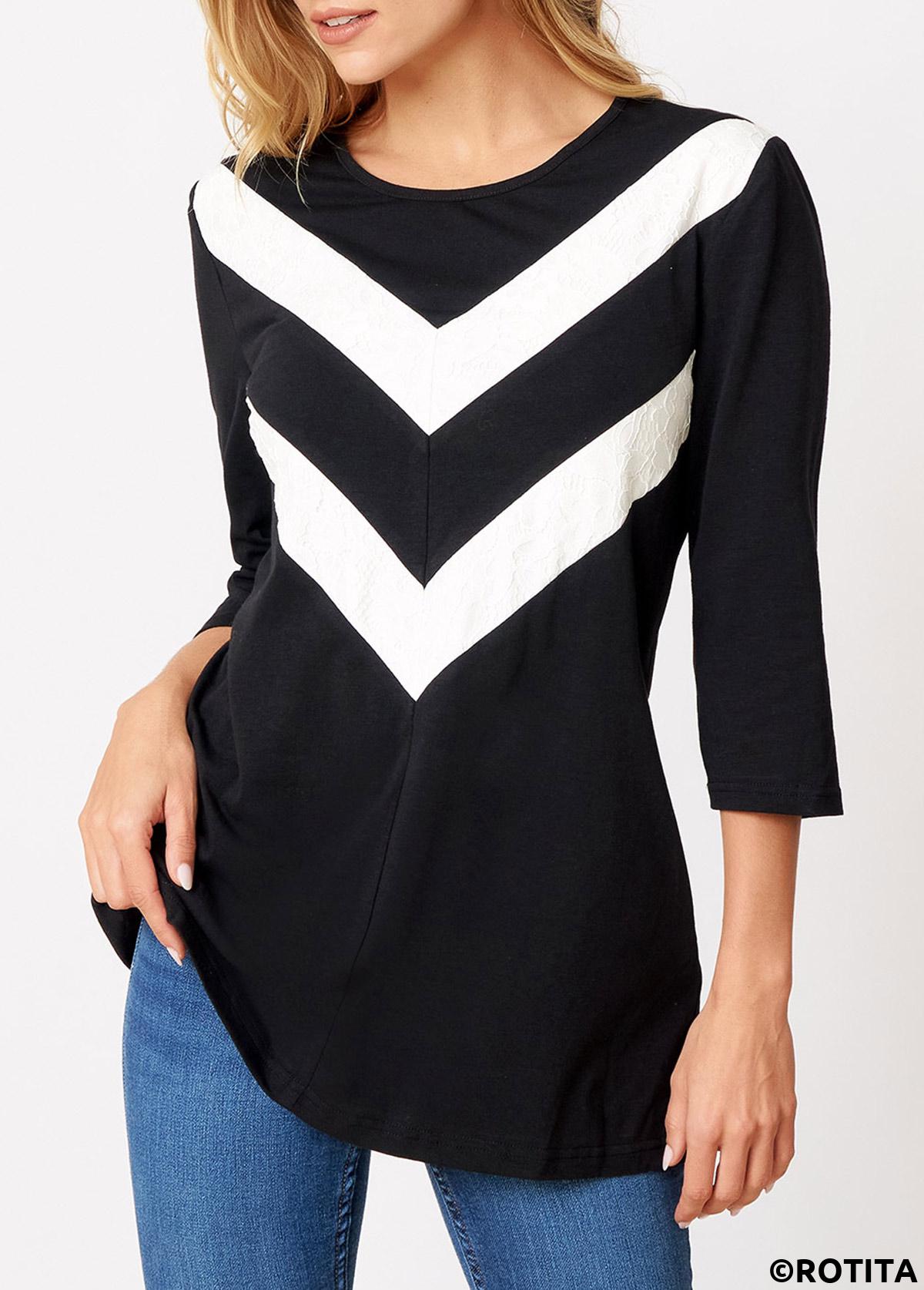 Black tops,Chevron tops,ROTITA Round Neck Chevron Print 3/4 Sleeve T Shirt