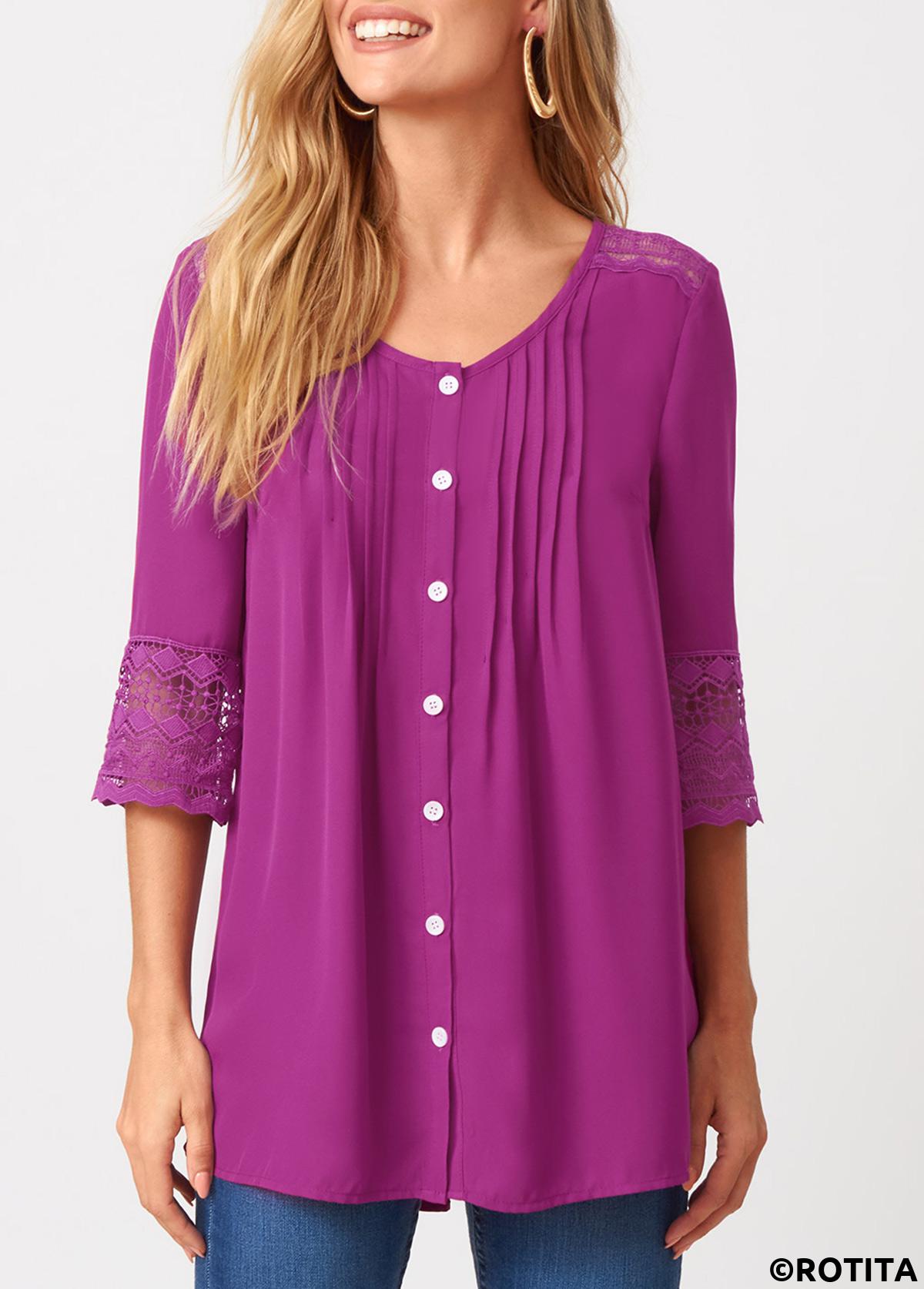 Purple tops,Plain Color tops,ROTITA Solid Crinkle Chest Lace Patchwork Blouse