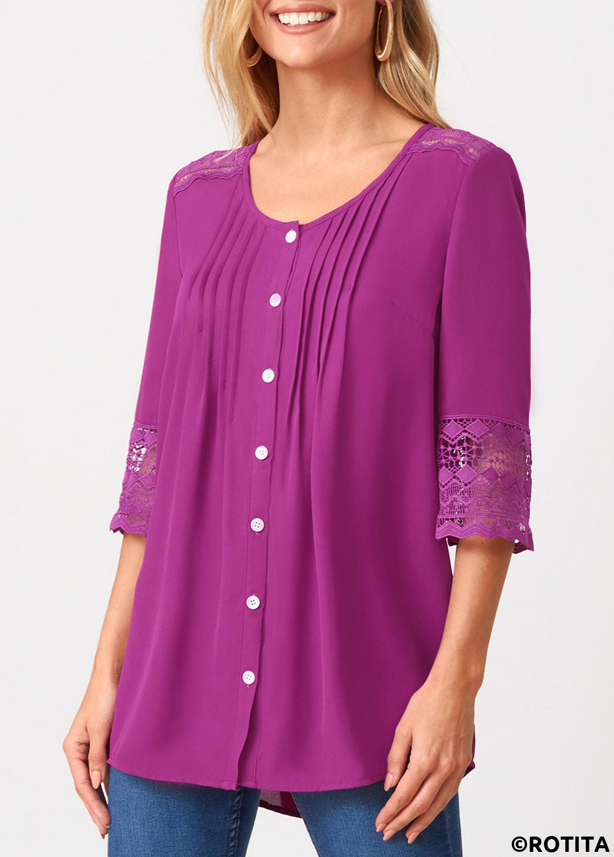 Purple tops,Plain Color tops,ROTITA Solid Crinkle Chest Lace Patchwork Blouse