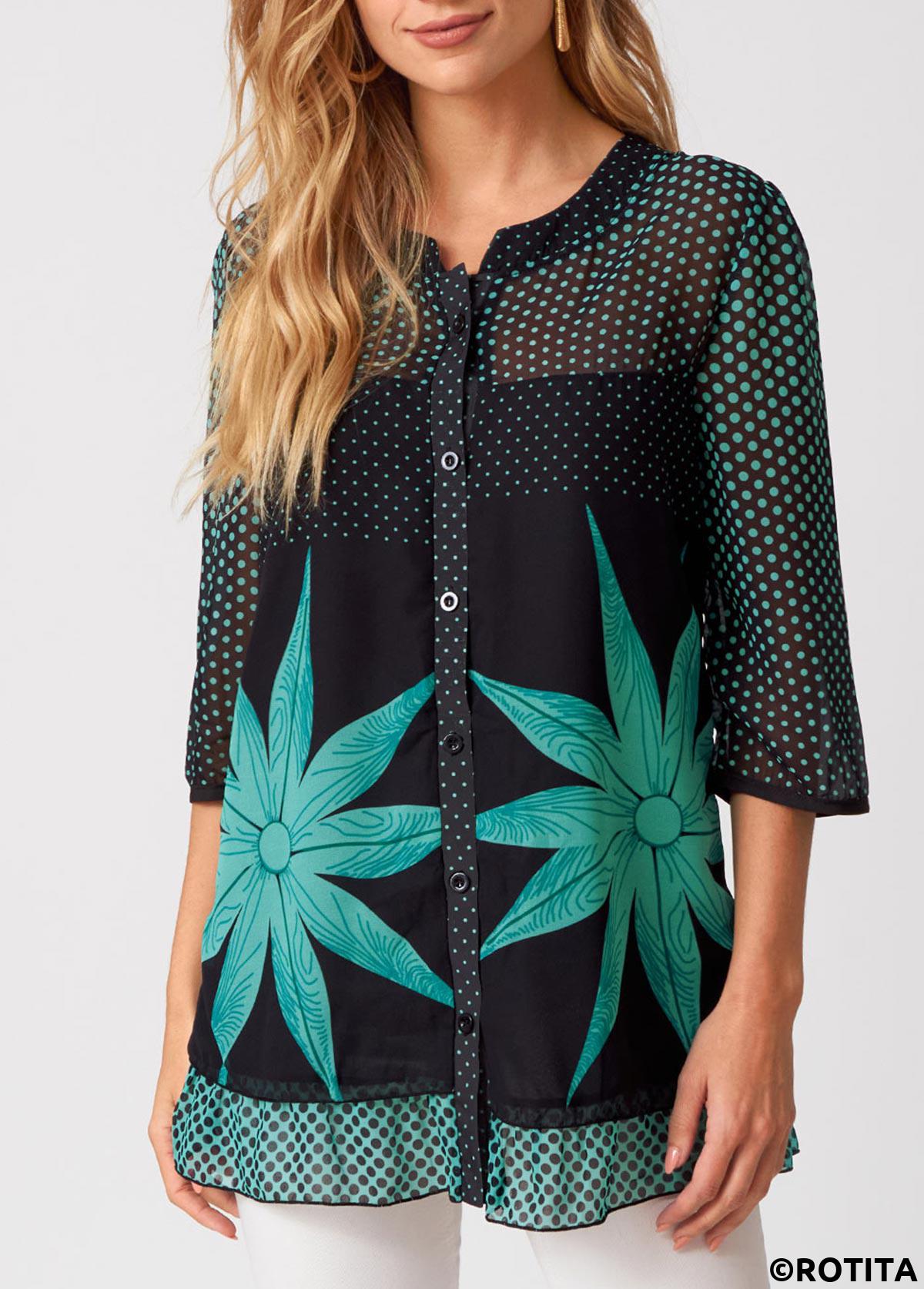 Black tops,Dot tops,ROTITA Button Up Polka Dot 3/4 Sleeve Blouse