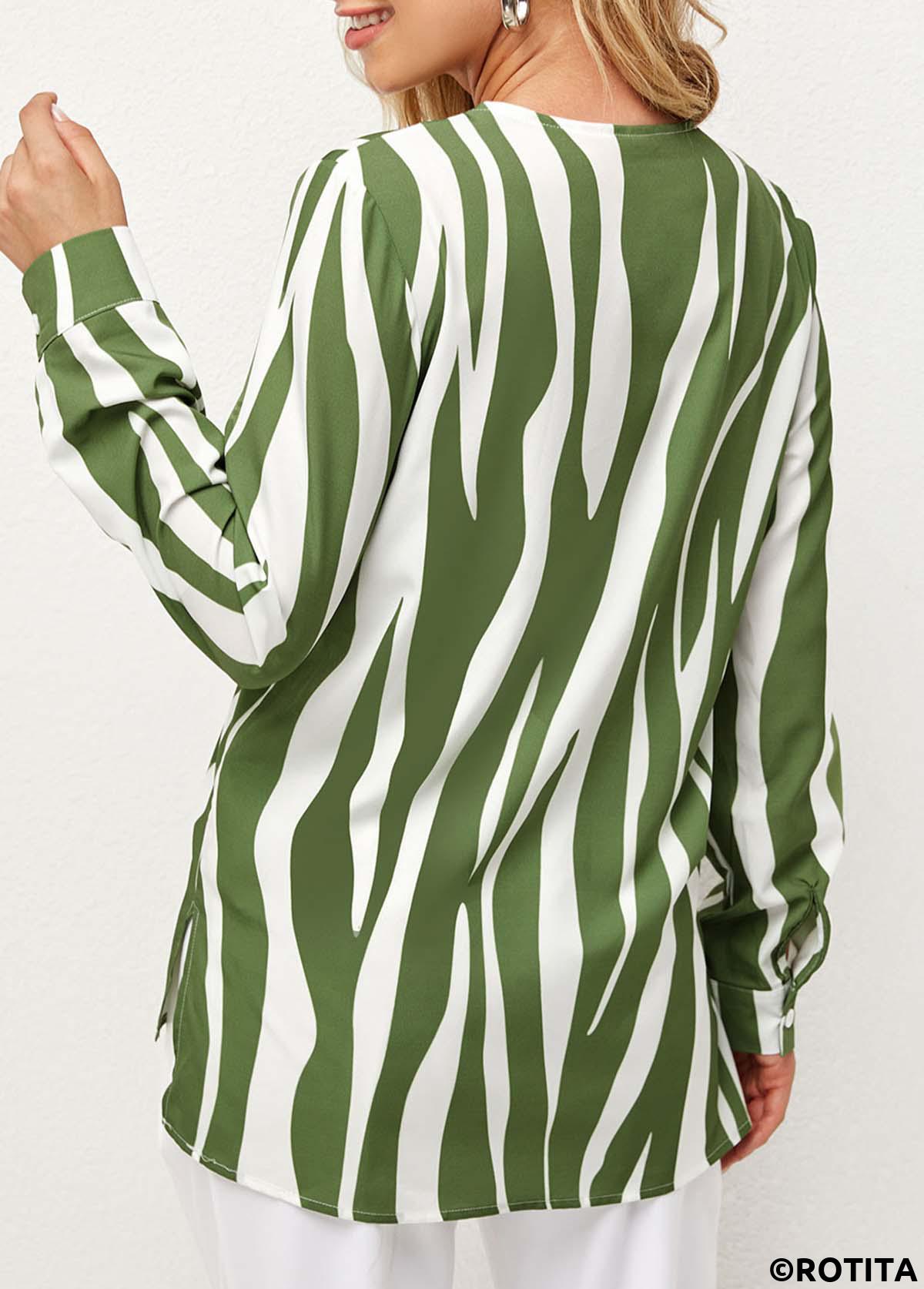 Green tops,Striped tops,ROTITA Striped V Neck Decorative Button Blouse