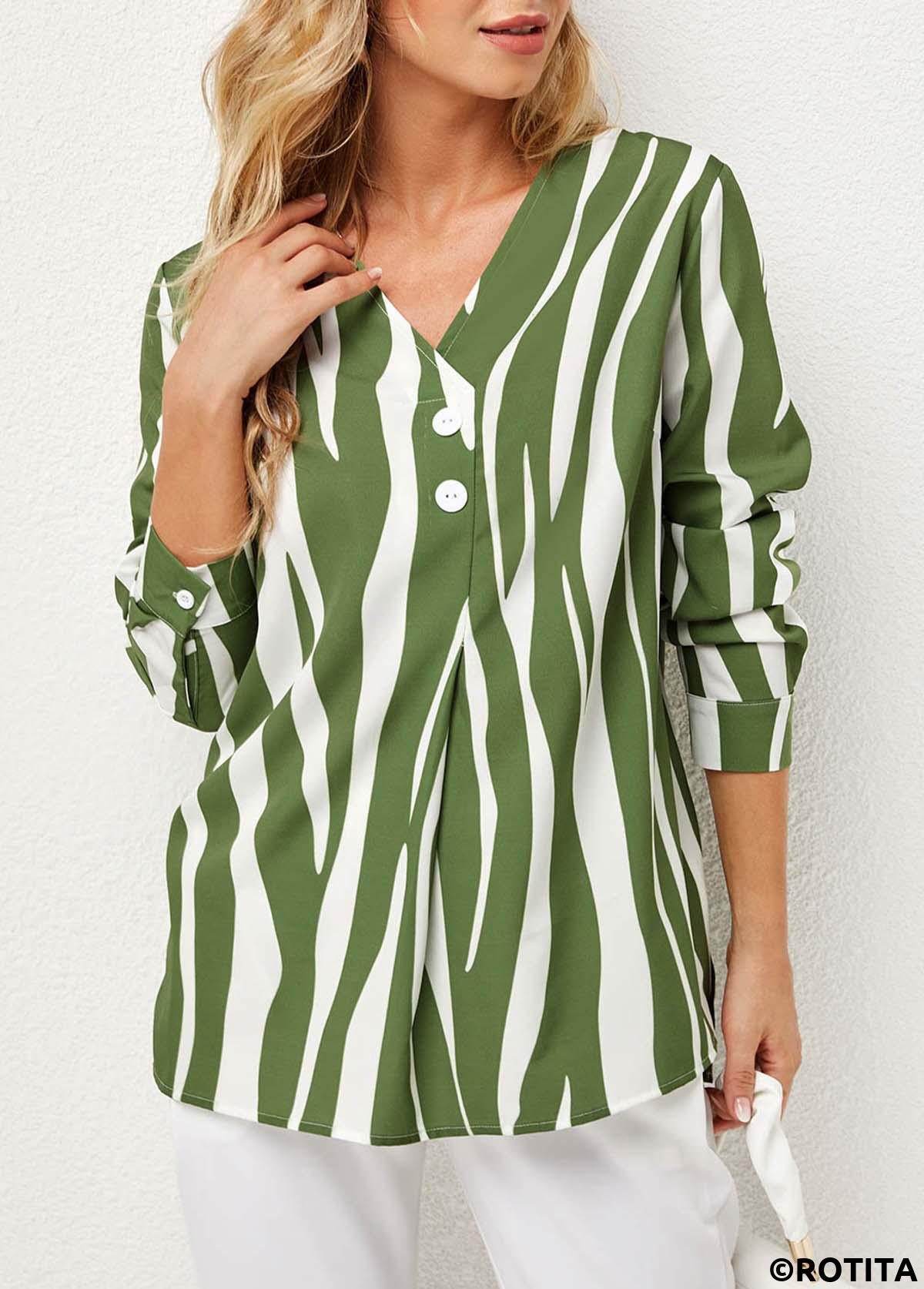 Green tops,Striped tops,ROTITA Striped V Neck Decorative Button Blouse