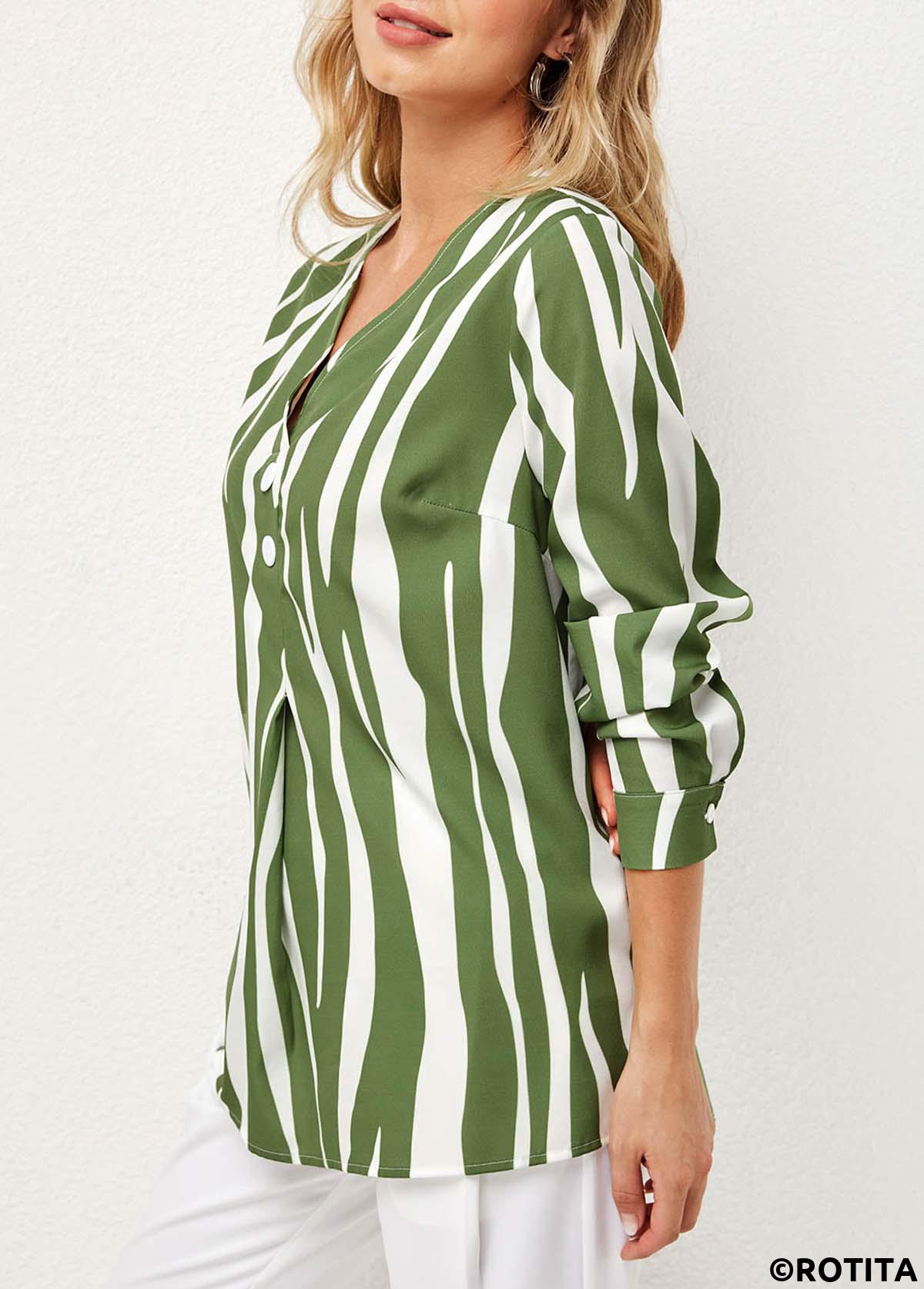 Green tops,Striped tops,ROTITA Striped V Neck Decorative Button Blouse