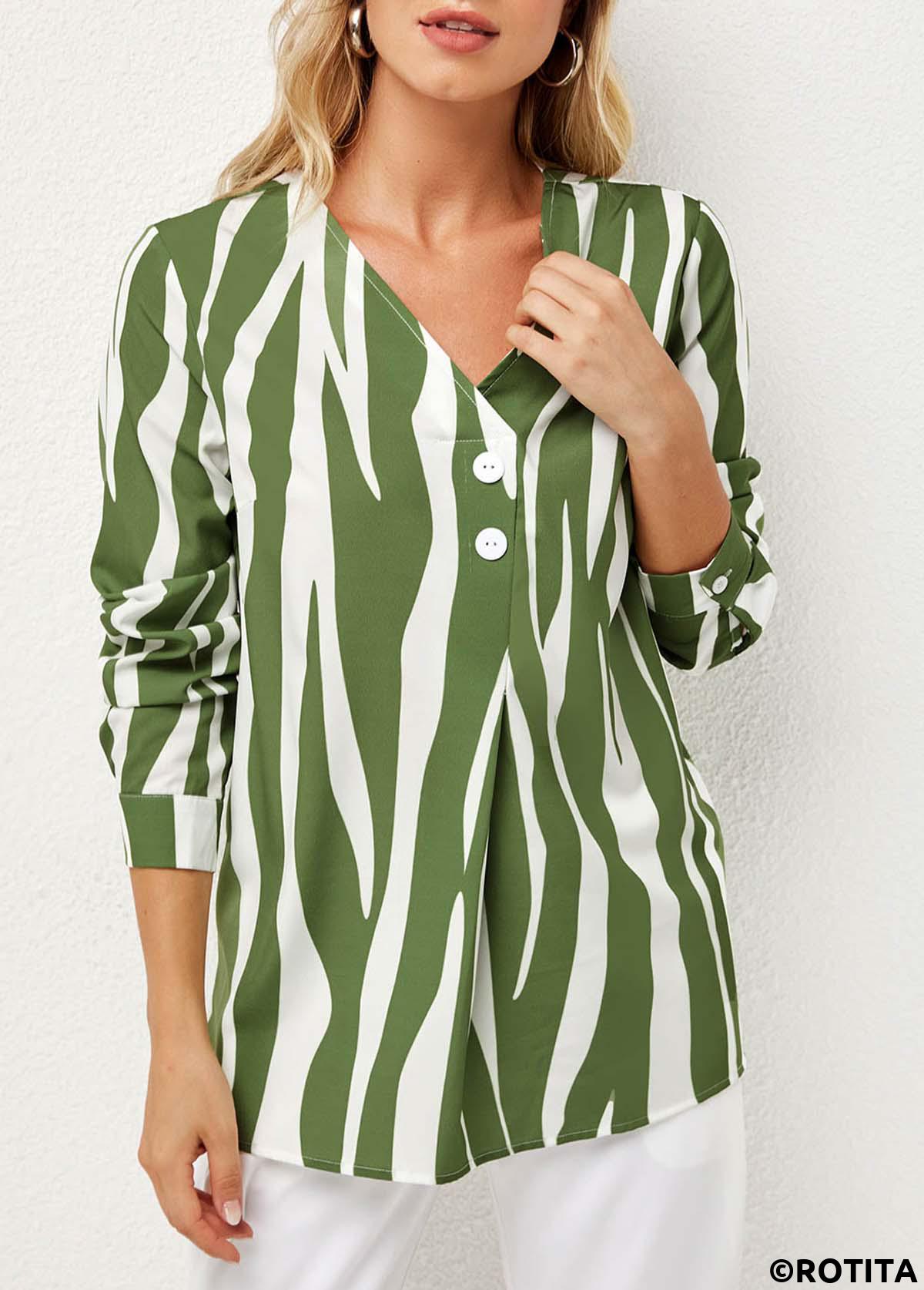 Green tops,Striped tops,ROTITA Striped V Neck Decorative Button Blouse