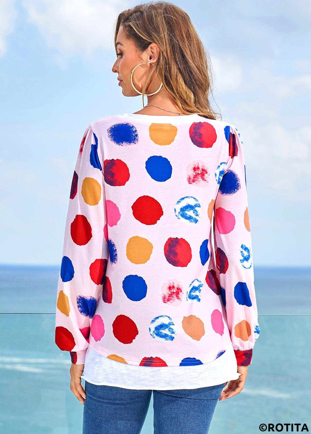 Pink tops,Dot tops,ROTITA Polka Dot Rainbow Color Long Sleeve T Shirt